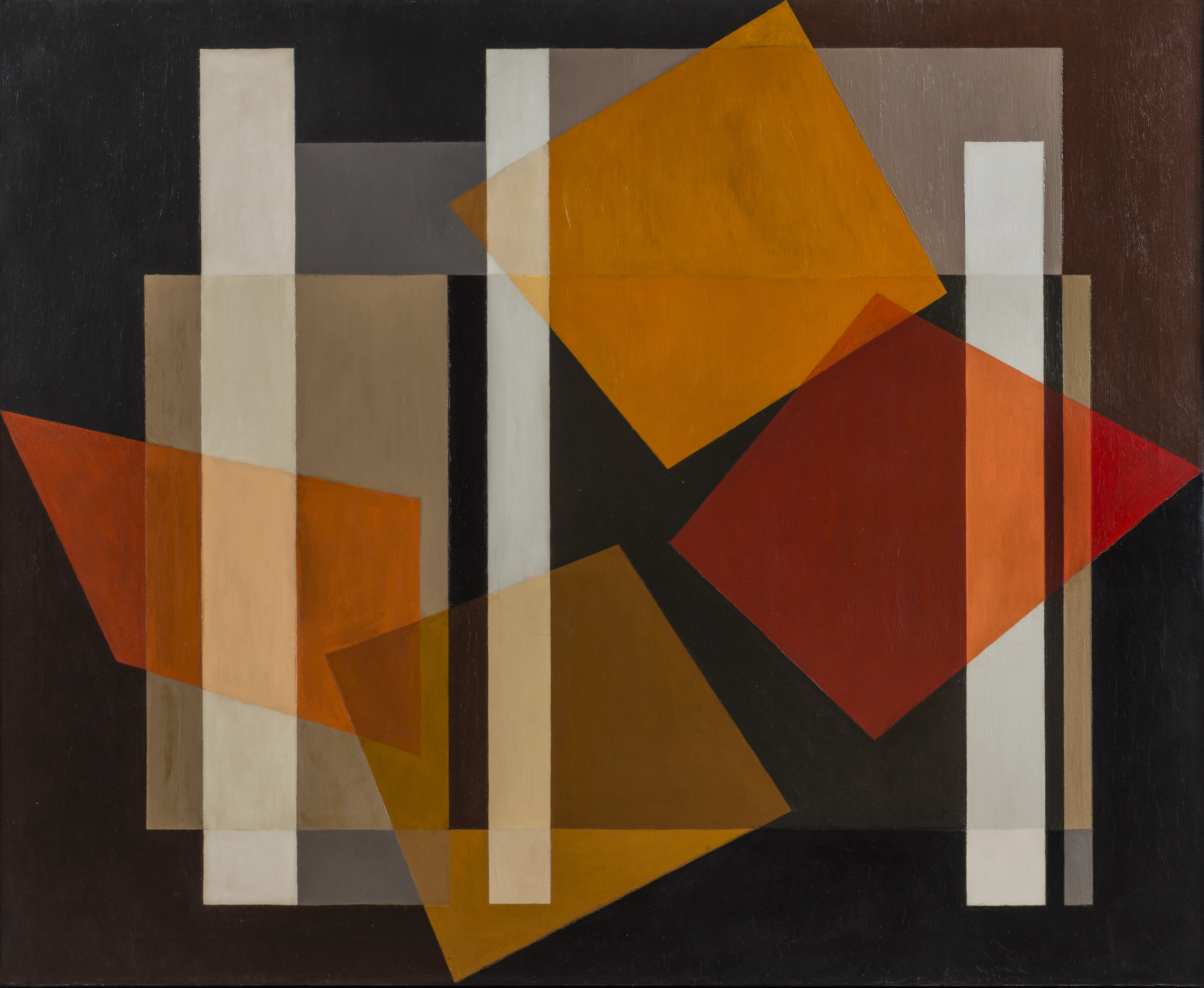 Oil on canvas painting of geometric forms layered over a black background; four parallelograms of varying orange shades are in the foreground, with vertical and horizontal brown and beige rectangles of varying thickness behind them.