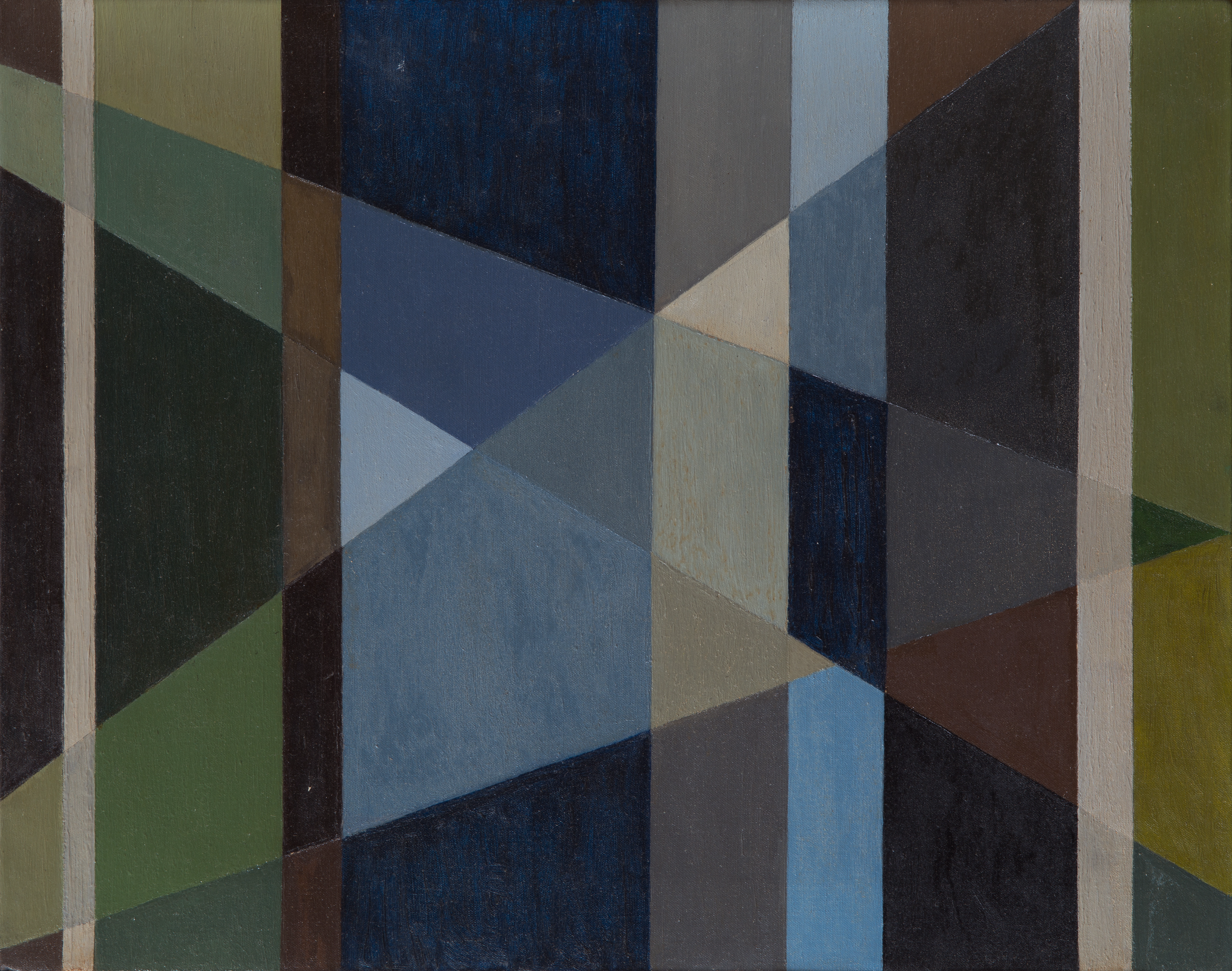 Alice Trumbull Mason, “City Twilight,” 1955-56 Oil on canvas painting of intersecting vertical and diagonal lines. The color of the forms created by these intersecting lines range from various blues, to greens, browns, and beiges.