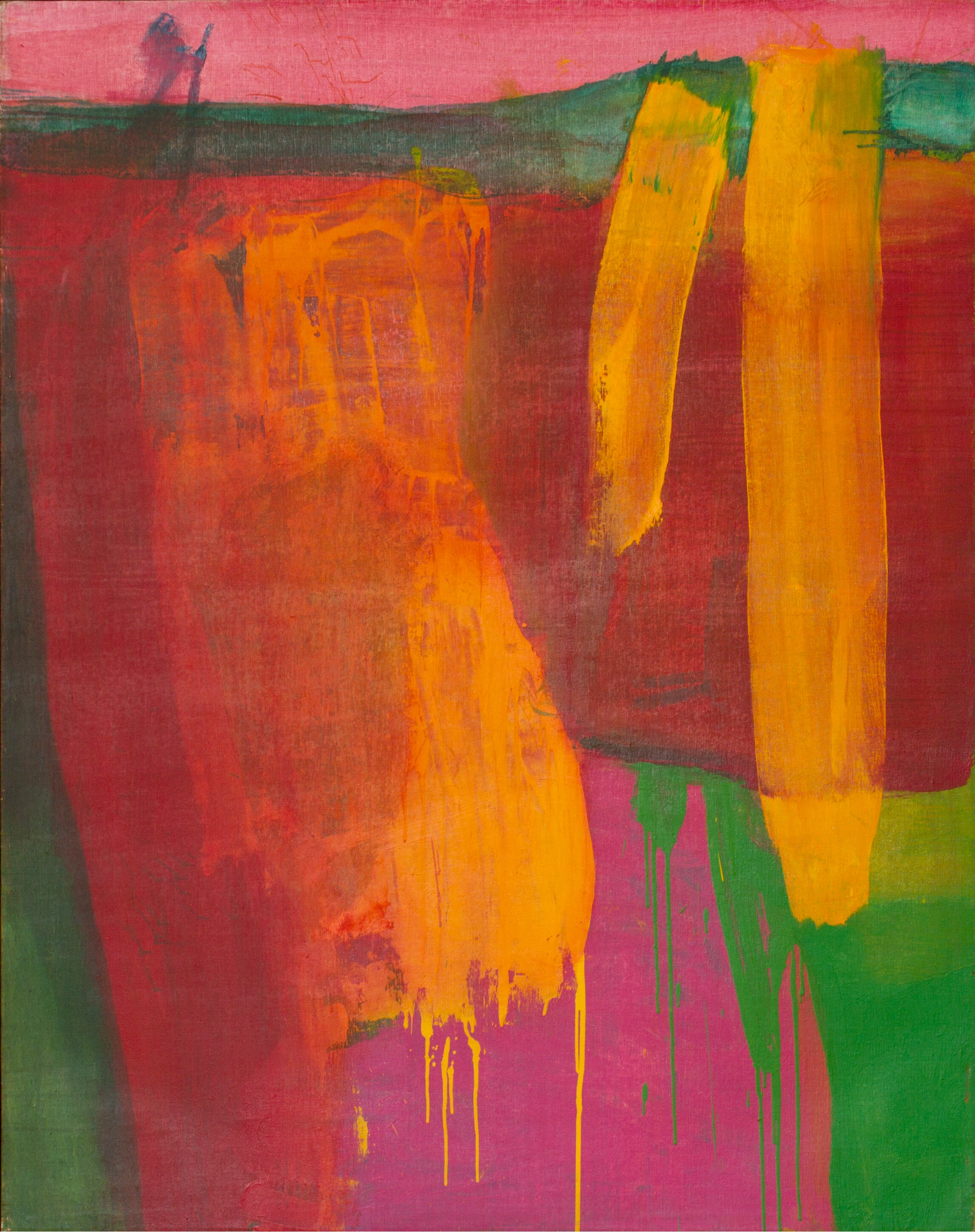 Abstract oil painting comprised of a magenta wash of color in the background, layered with red and green brushstrokes and three blocks of thick yellow drippy brushstrokes in the foreground.