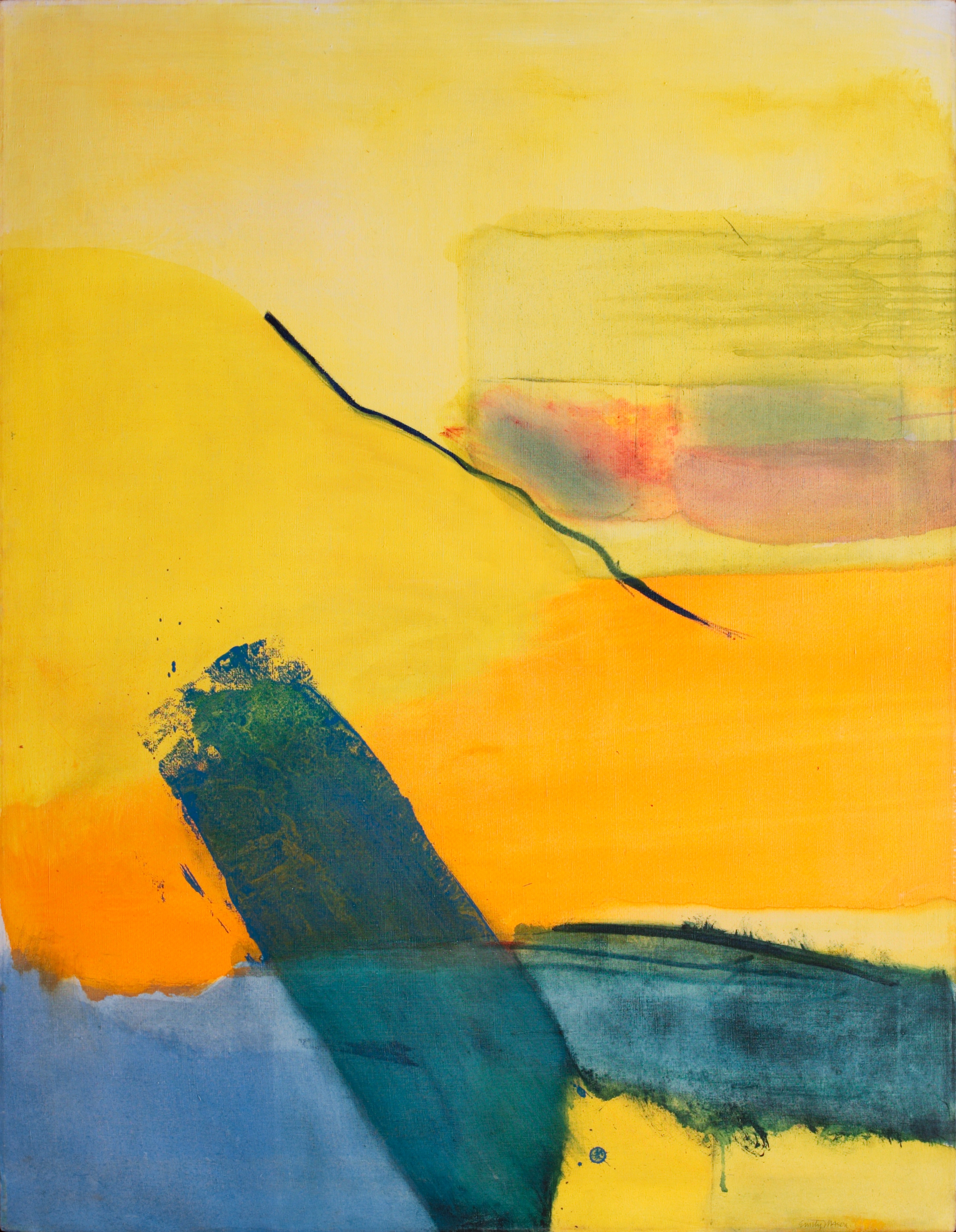 Abstract oil painting of yellow and orange-yellow washes of color, with three blocks of thickly brushed blue washes of color crossing at the bottom of the canvas. one thing, single blue line diagonally cuts across the center of the canvas.