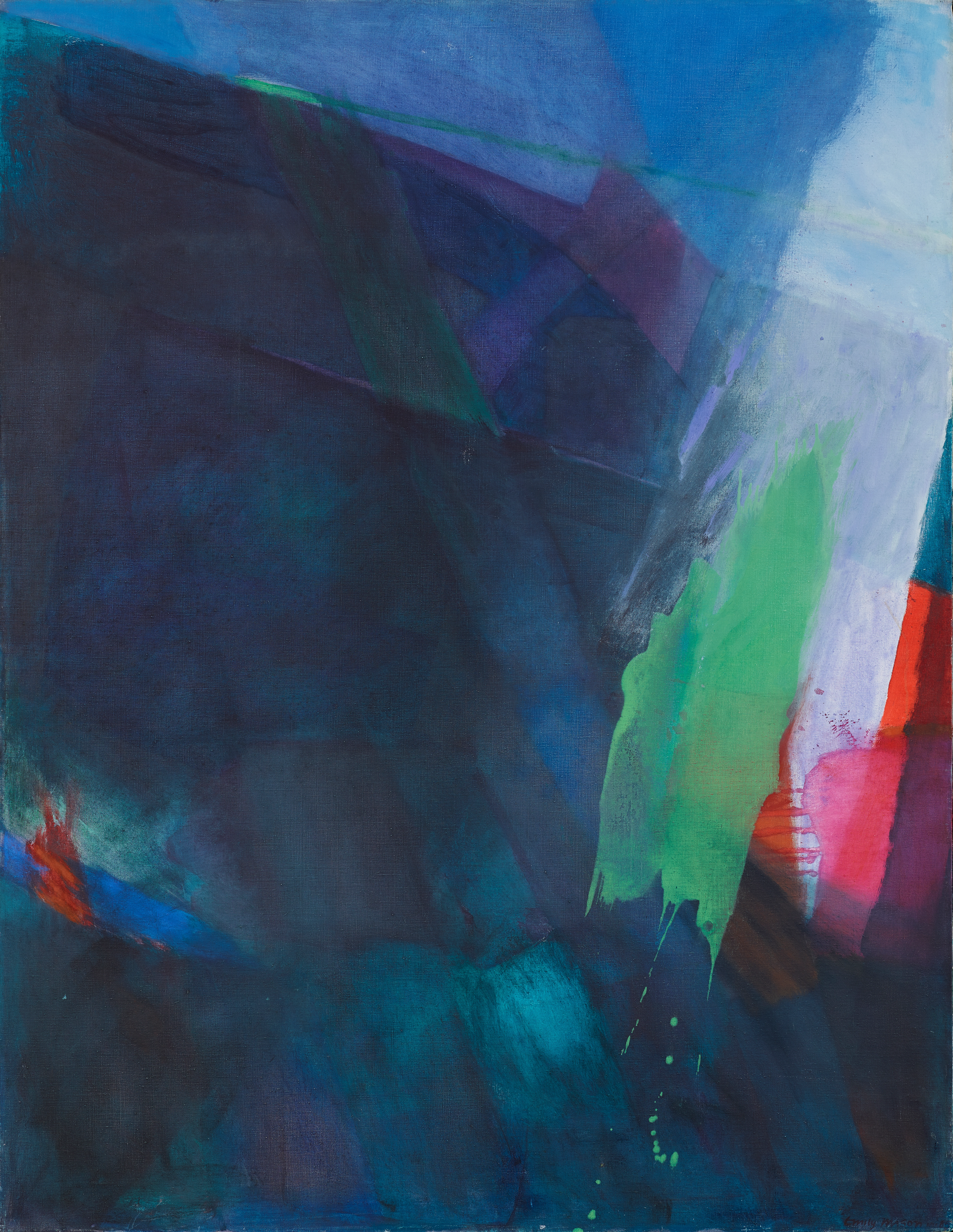Abstract oil painting of dark blues, purples, and magentas, with a streak of white and green entering the composition from the upper right corner and dripping towards the bottom center.