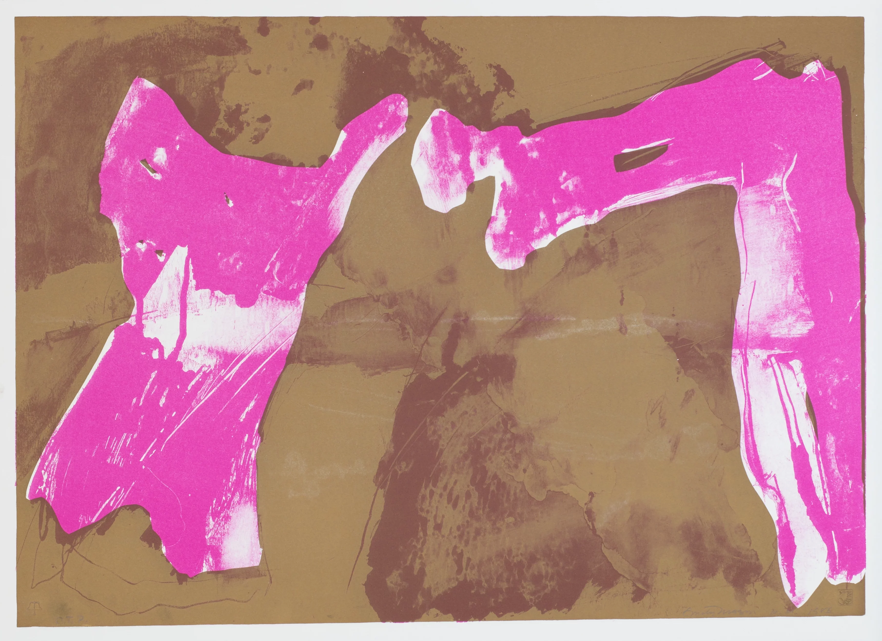 Abstract lithograph print on paper with a beige and mauve background, with two magenta and white forms flanking the left and right of the composition