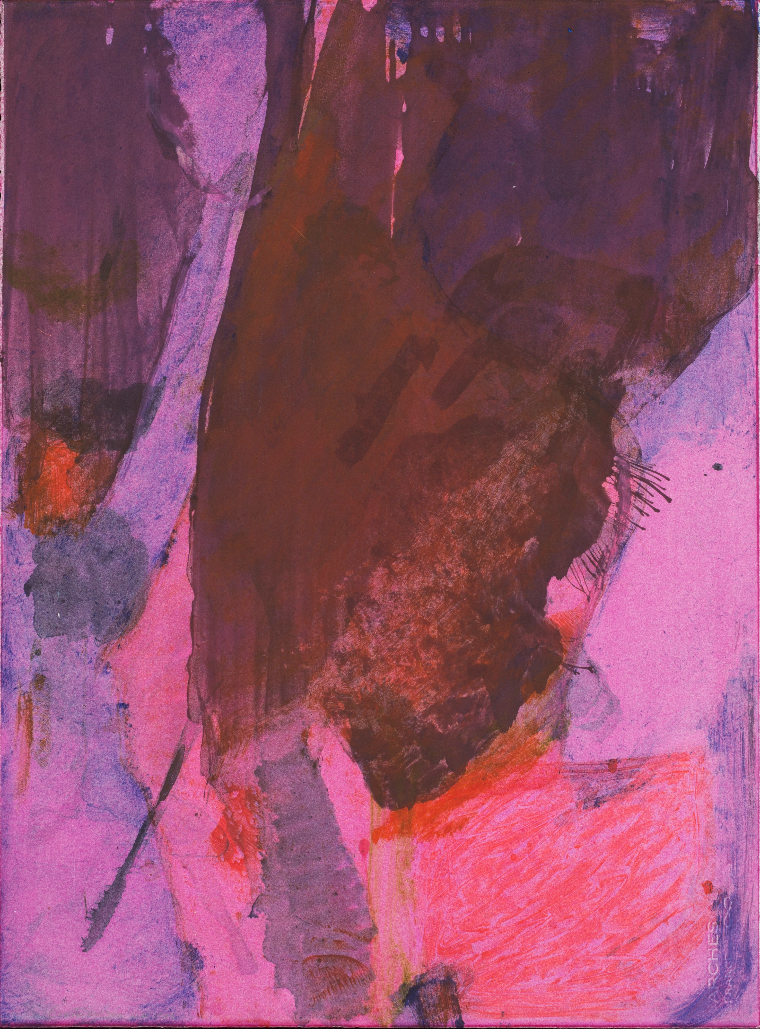Abstract print on paper comprised of purples, reds, pinks, and blue colors.