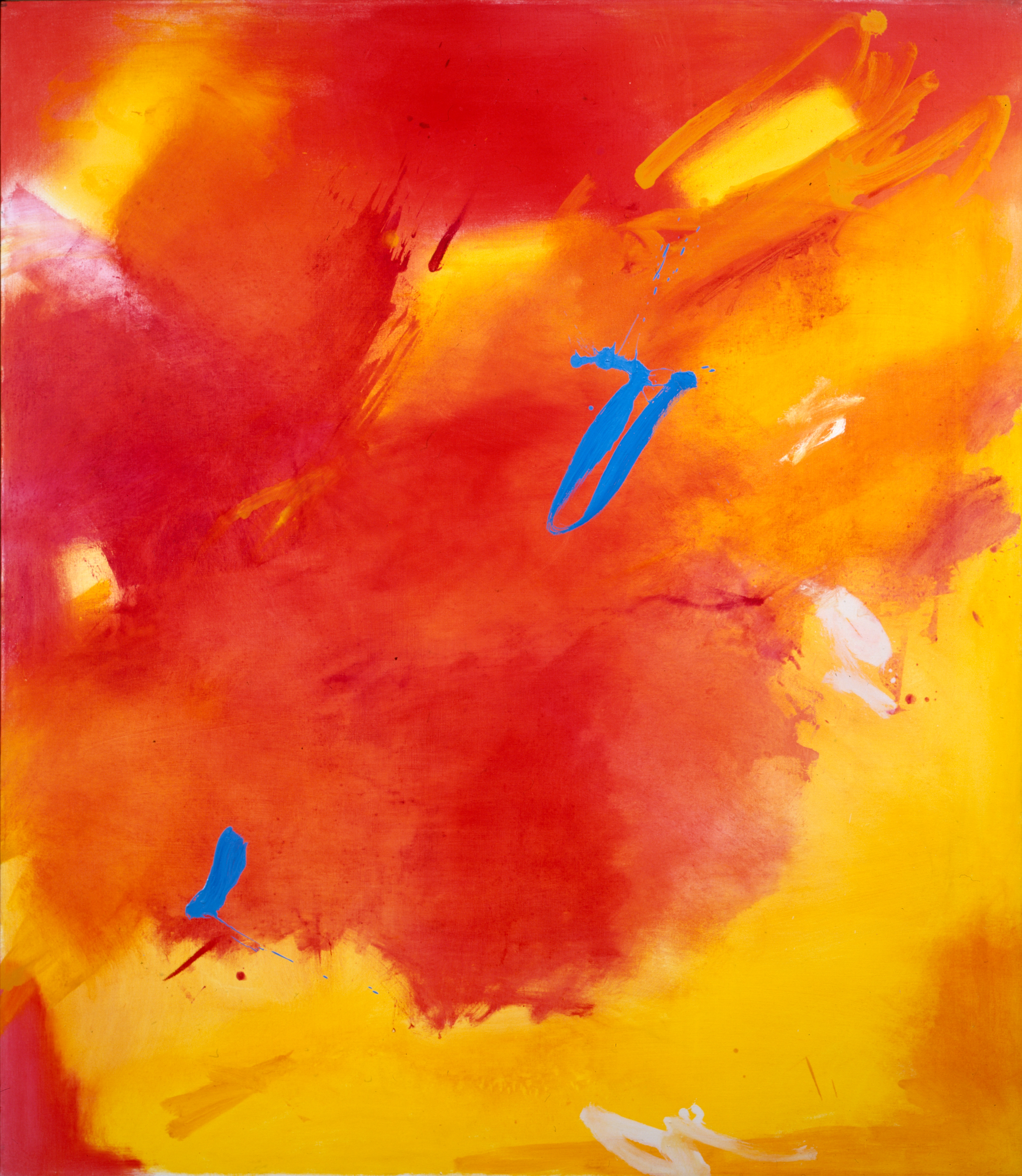 Abstract oil painting made with energetic brushstrokes of bright yellow, reds, and red-oranges. A "v" shape of blue paint punctuated the center, and a mark of the same blue color appeared towards the bottom left.