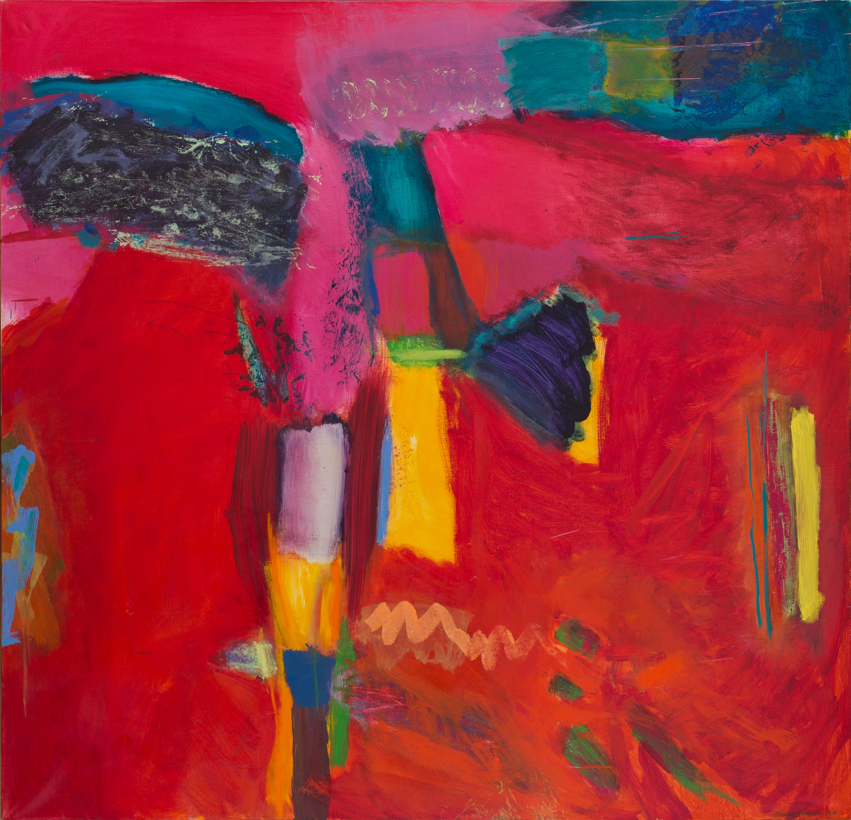 Abstract oil painting comprised of varying red shades. Patches of blue, yellow, green, and magenta brushstrokes appear at the upper corners and center of the composition.