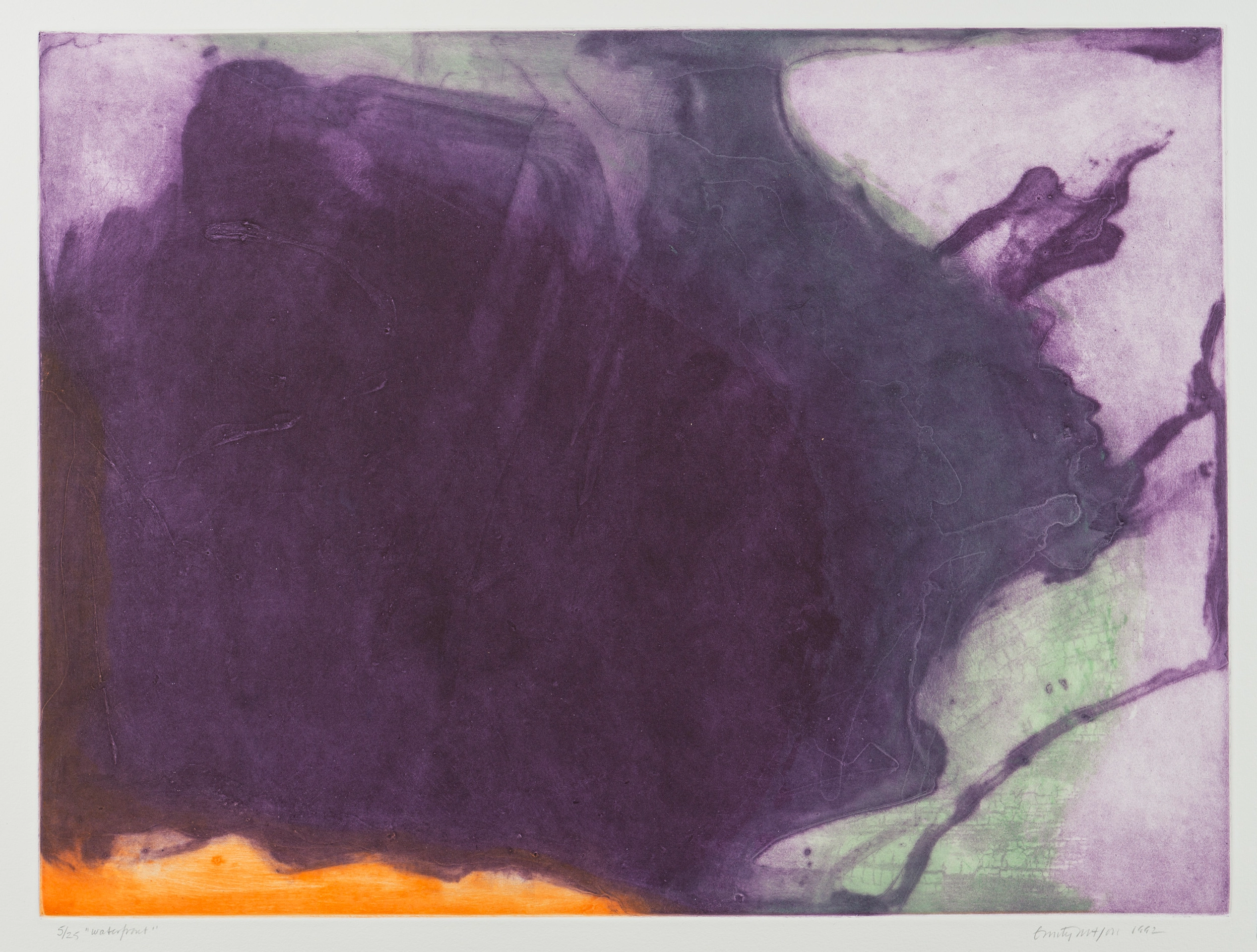 A print with a large purple form layered onto of grey, light purple, and some orange-yellow peeking from the bottom.