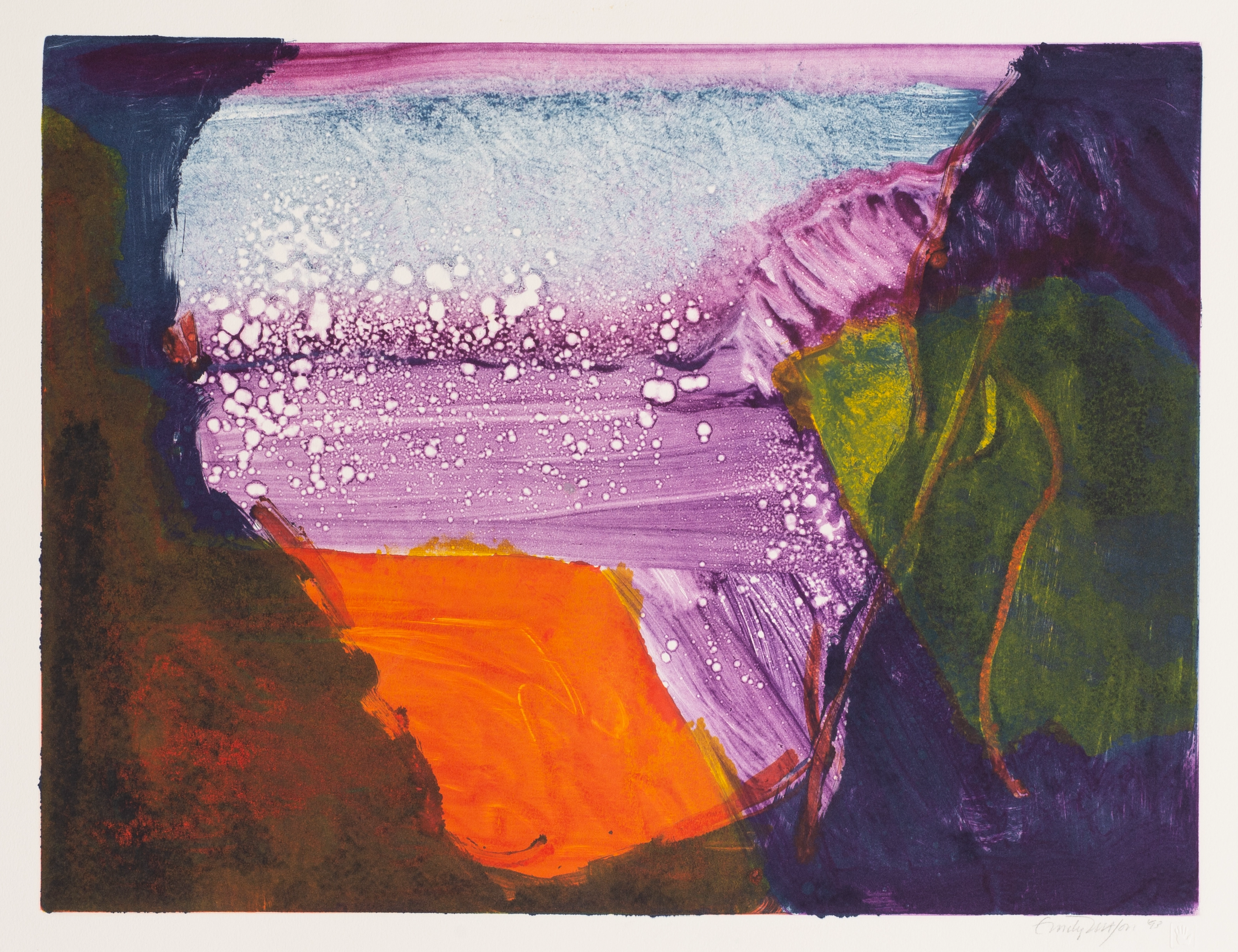 Monotype on paper with a large V-shaped form in the center made of light blue, purple, and orange in the background; a streaky brown-green form borders this V-shape