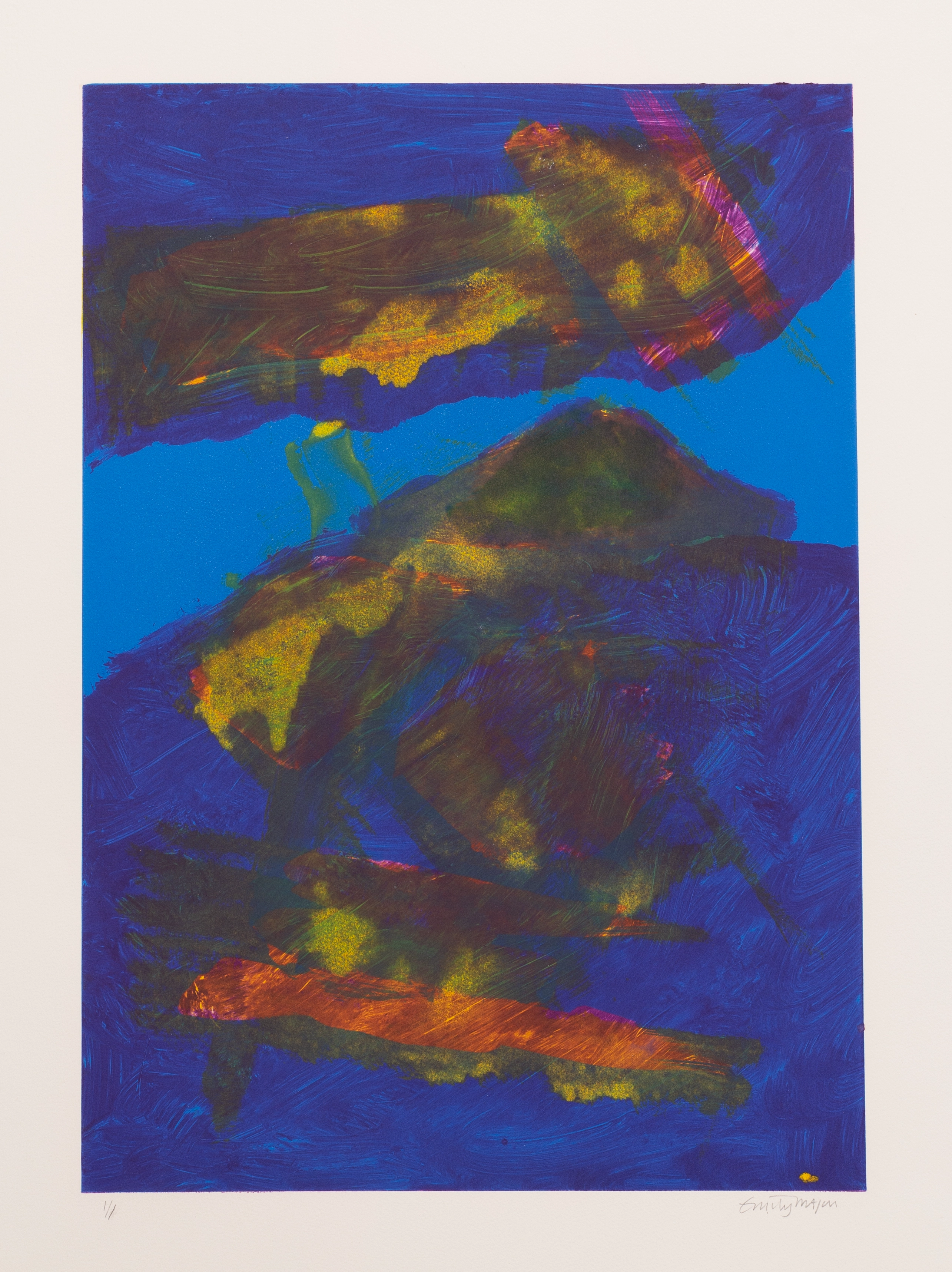 A print with dark blue forms against a light background, with yellow and orange marks layered on top of the dark blue forms.