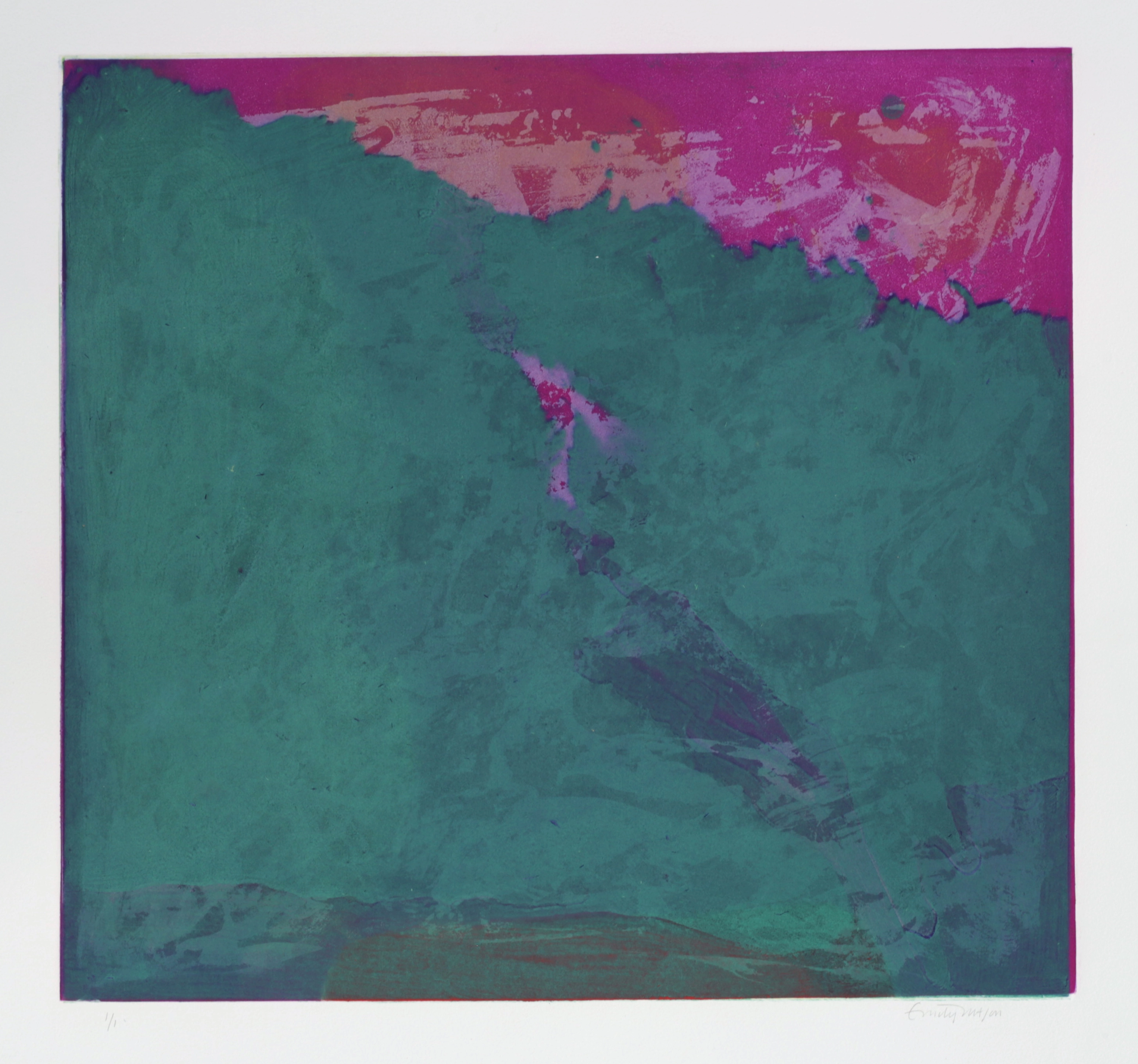 Monoprint on paper of a large blue-green form with magenta in the upper-right background.