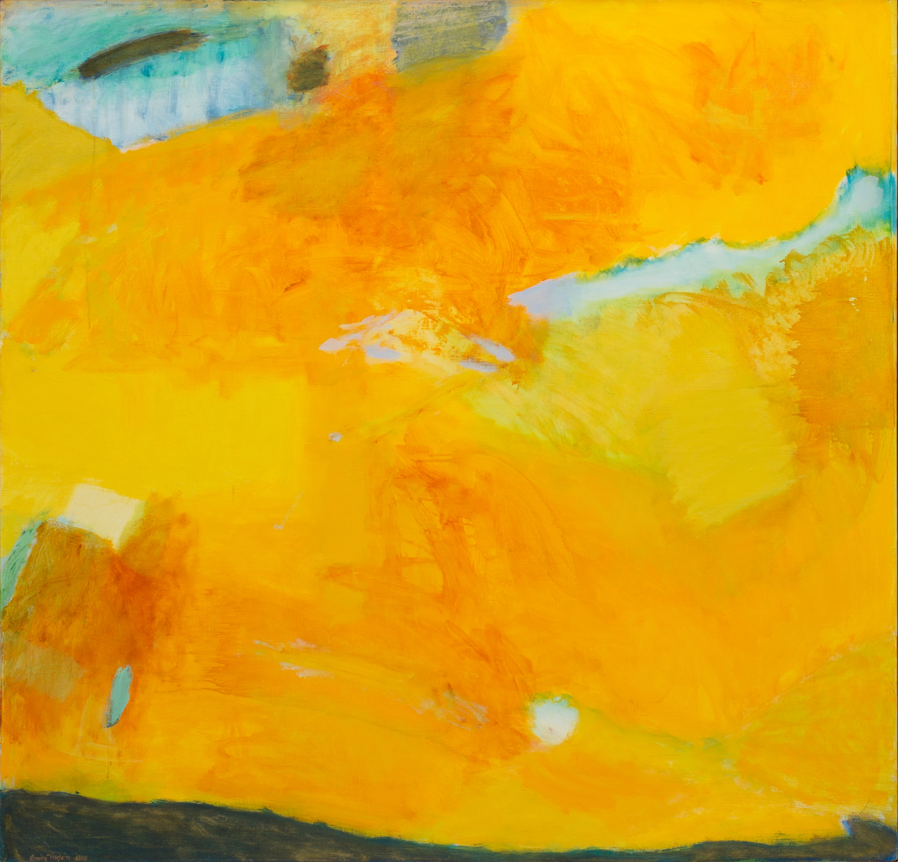 Abstract oil painting with yellow and yellow-orange brushstrokes, punctuated with small areas of turquoise and light-blue thought.
