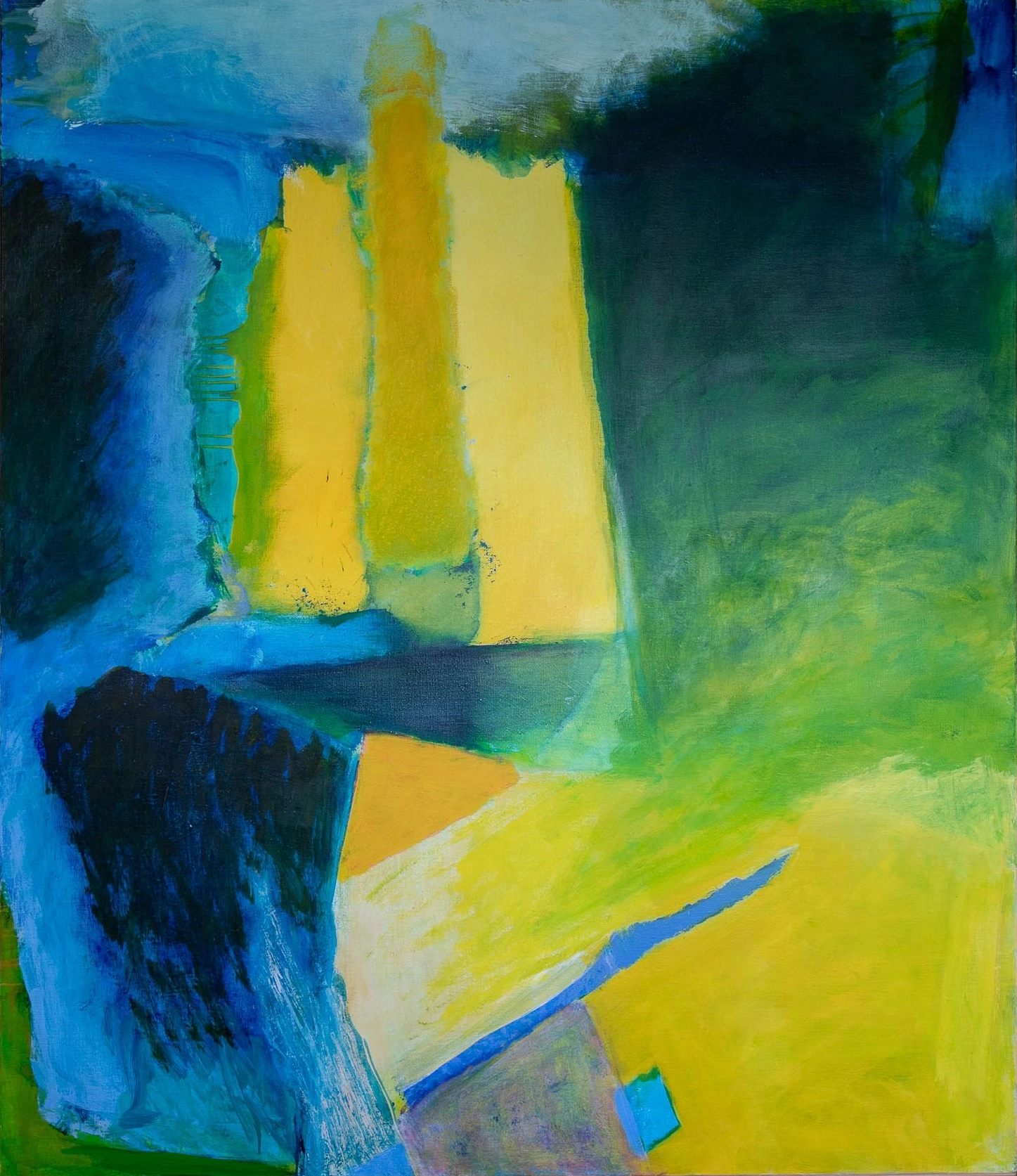 Abstract oil painting with tones of blue on the left, with greens and yellows on the right. Three yellow rectangular shapes are in the center of the composition.