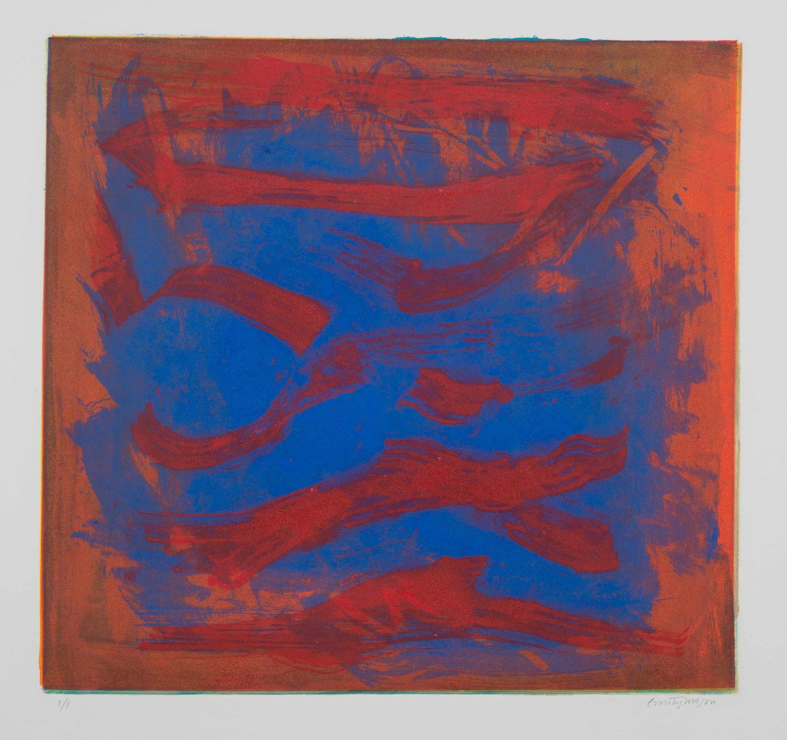 Monoprint on paper with blue horizontal gestures on top of an orange and red background.