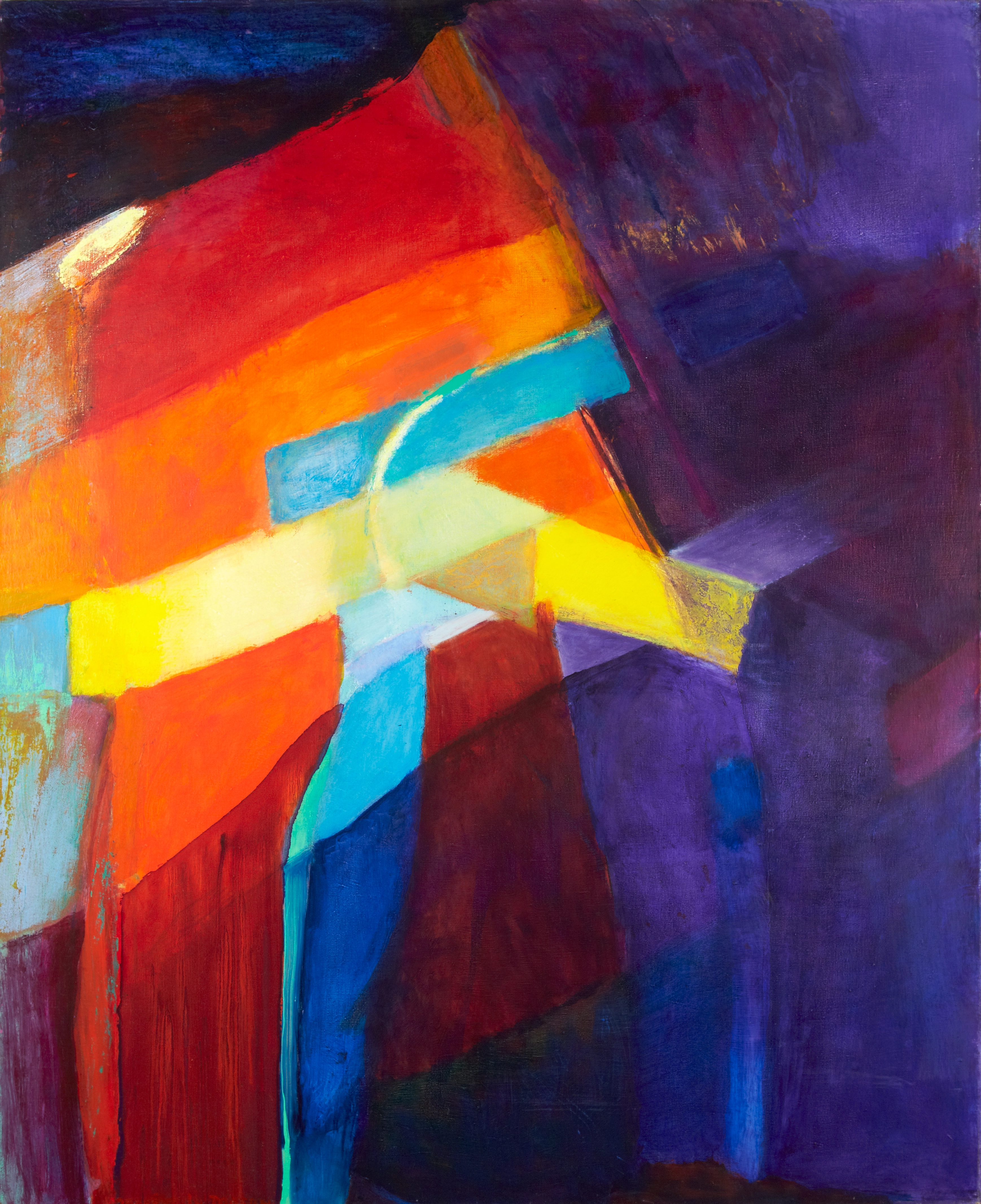 Abstract oil painting with a background of dark purples, and a large multi-colored block in the center-left of the canvas. This block of color is horizontal strips of red, orange, blue, and yellow, which all drip downward toward the bottom of the painting.