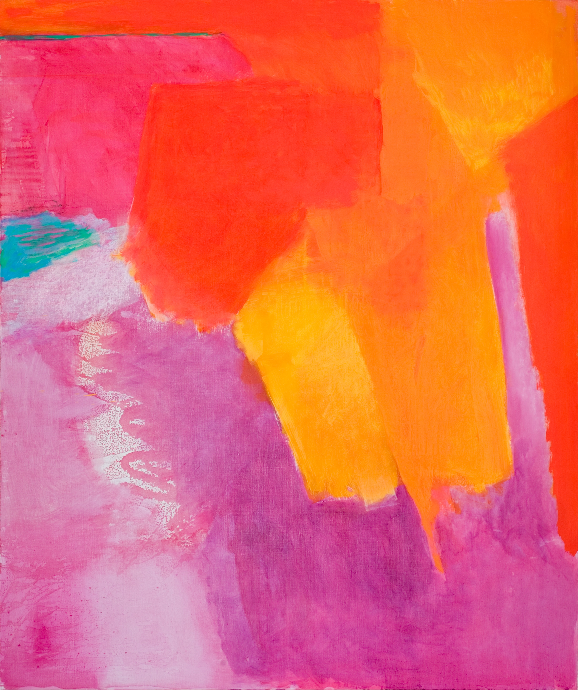 Abstract oil painting with patches of purple and magenta on the bottom half, and blocks of yellow-oranges with undefined borders.