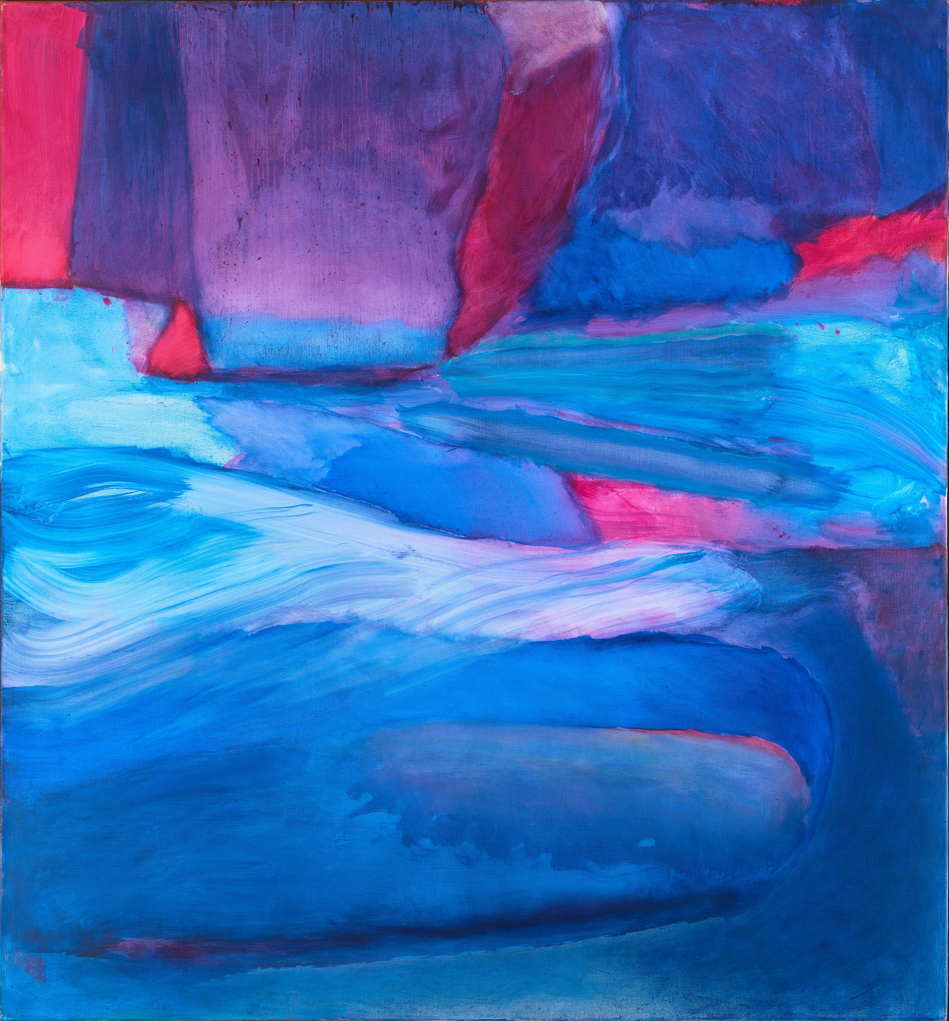 Abstract oil painting with dark blues at the bottom, swirls of light blue brushstrokes in the center, blending into magenta and purple patches of color at the top.