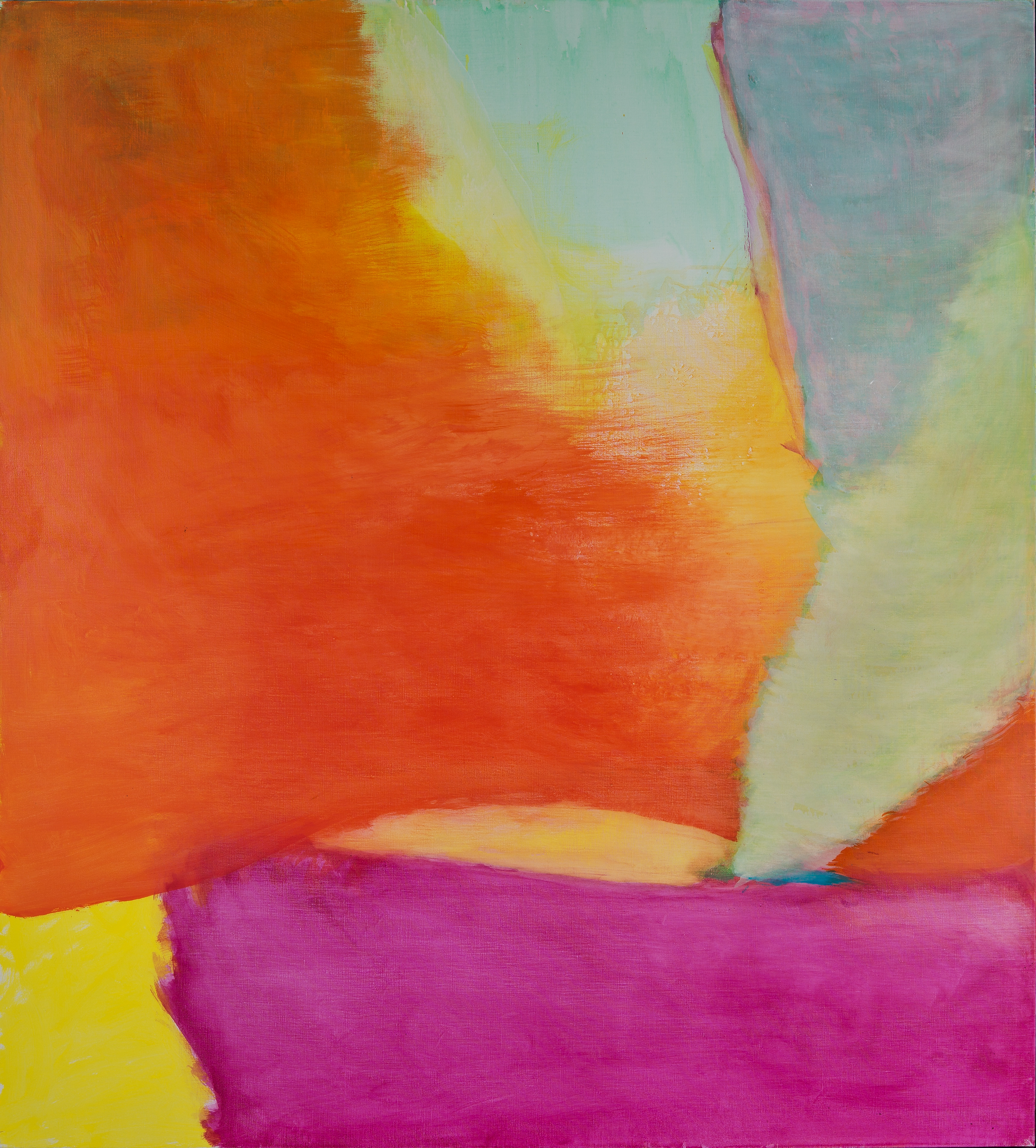 Down Wind by Emily Mason is an abstract oil painting. There is a section of light blue tones in the upper right of the canvas, and a large expanse of orange in the upper left. A horizontal, square, magenta form is at the bottom, with yellow peeking from behind.