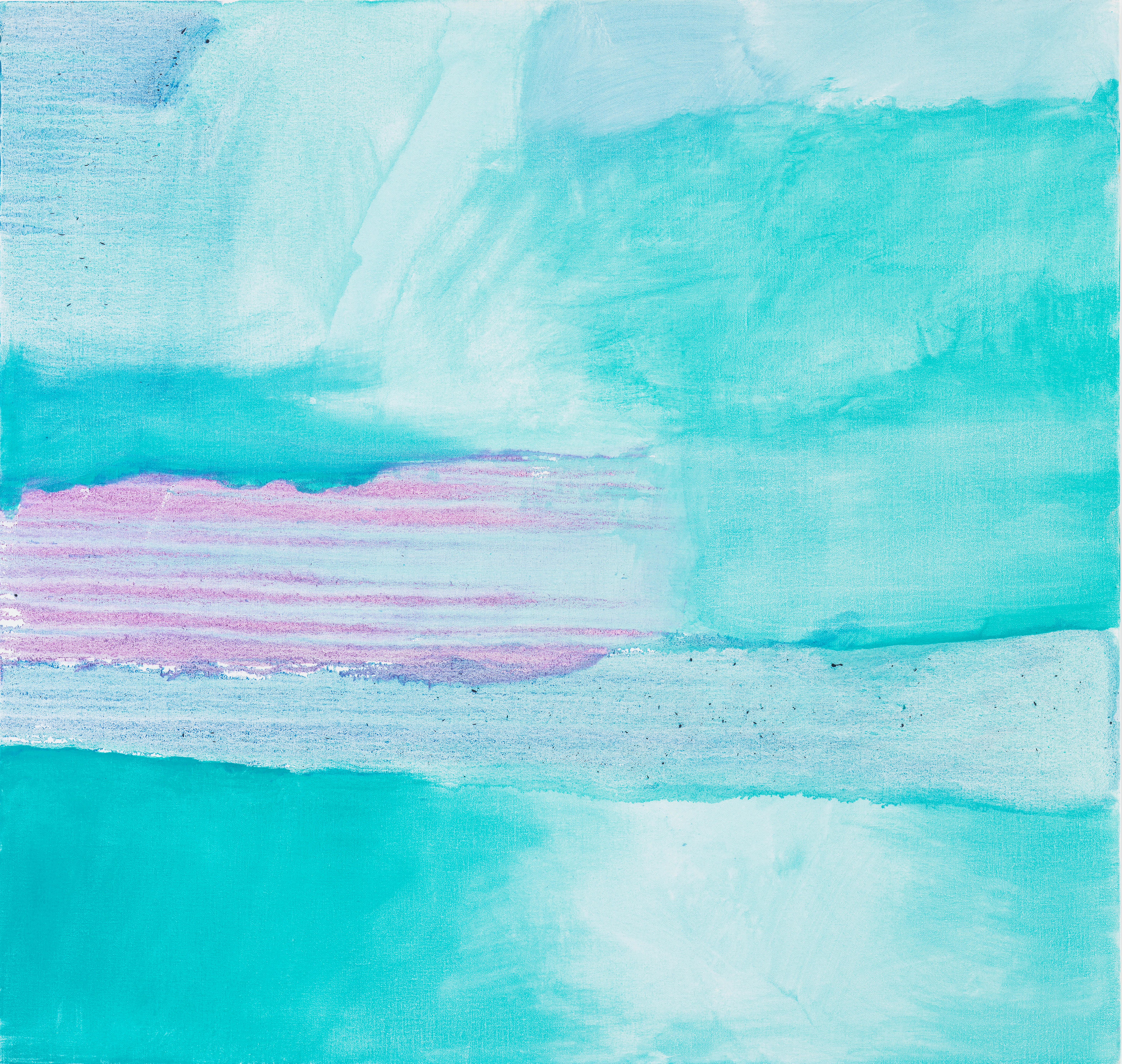 Becalmed by Emily Mason is an oil painting comprised of light green tones, with a light magenta horizontal form entering the composition in the center left.