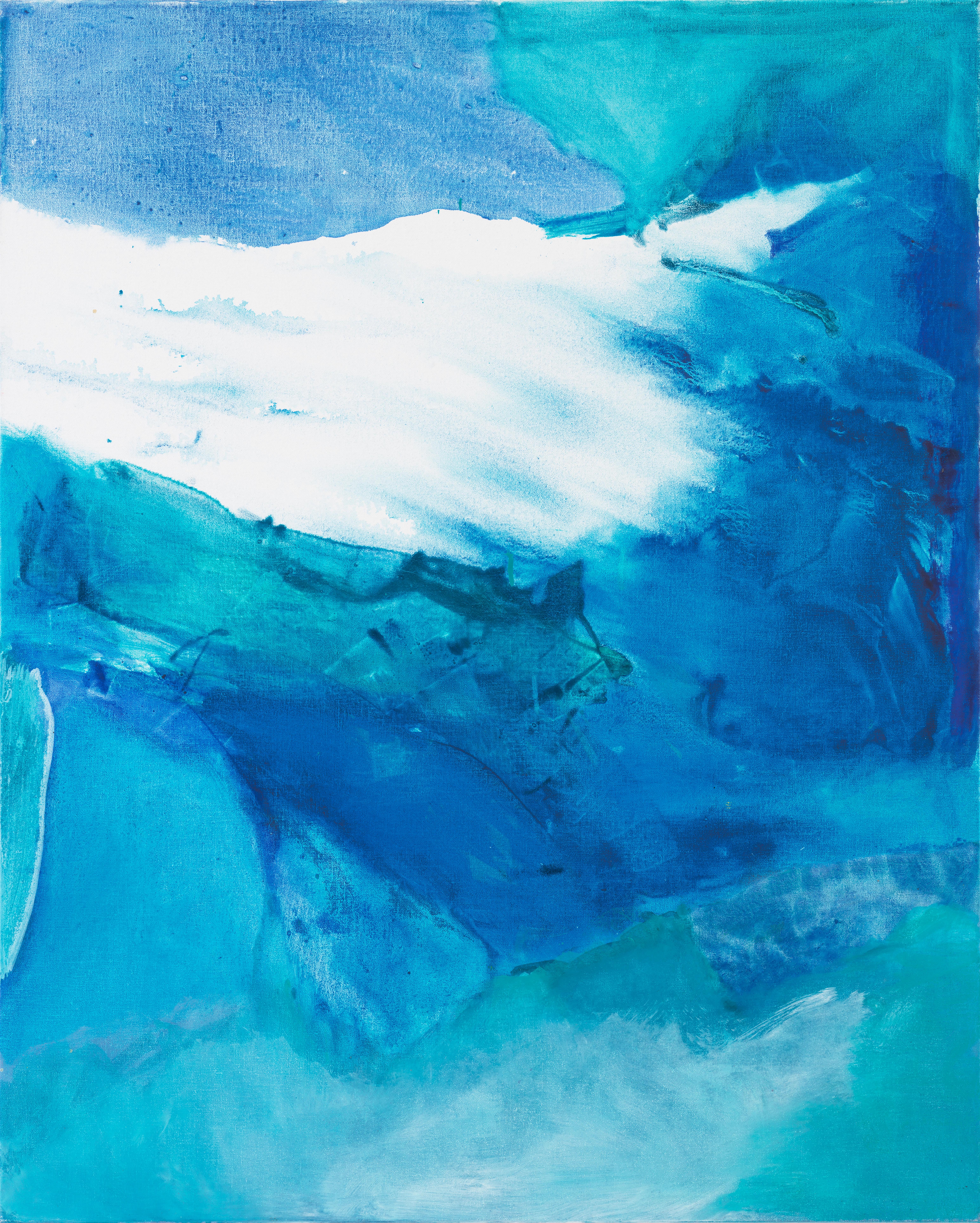 Abstract oil painting of translucent dark blues, light blues, and green-blue brushstrokes. A streak of white enters from the upper left side of the canvas, reaching towards the right side.