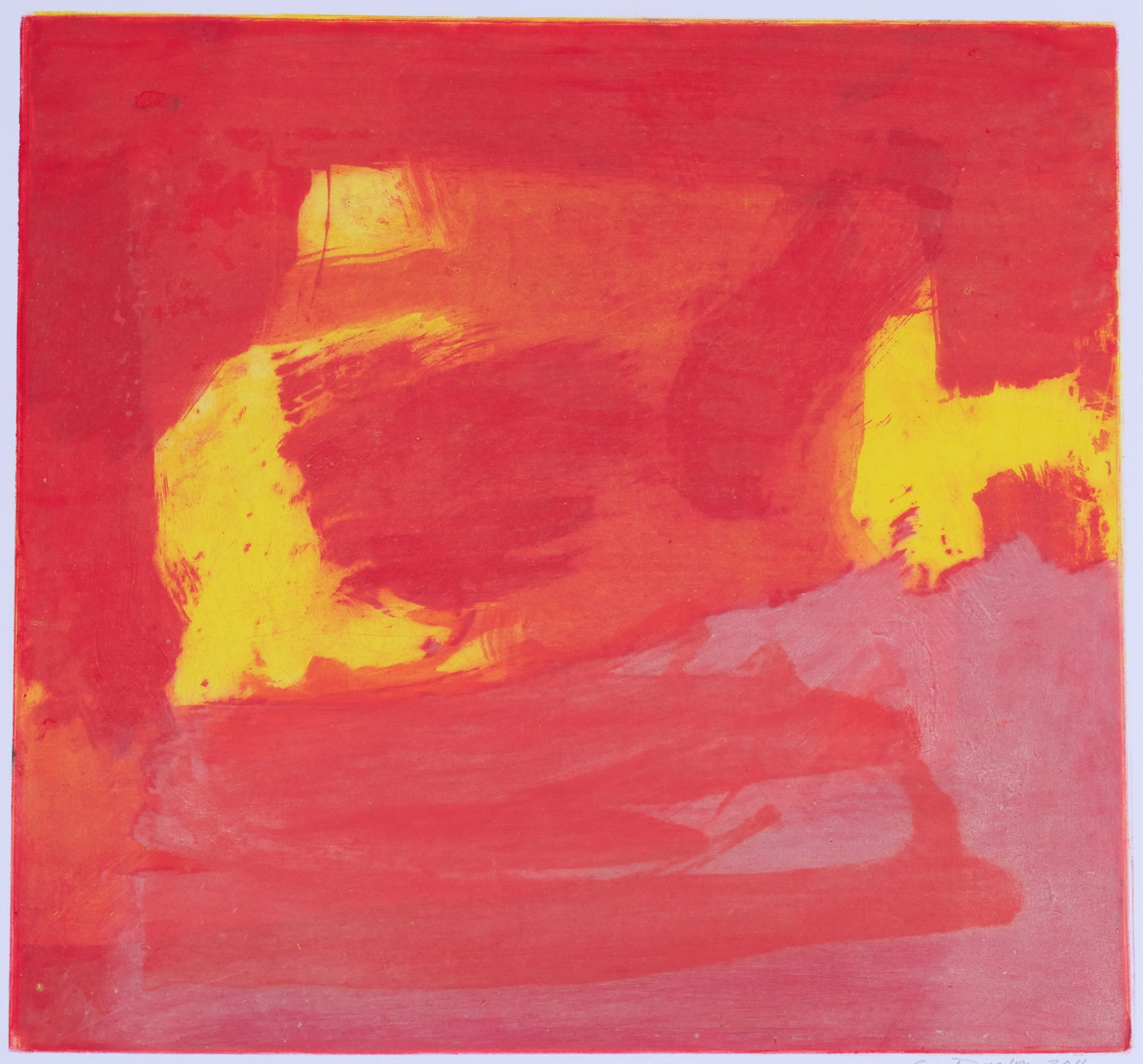 Monoprint on paper of red brustrokes moving from side to side, with a yellow form on the left and right of the composition.