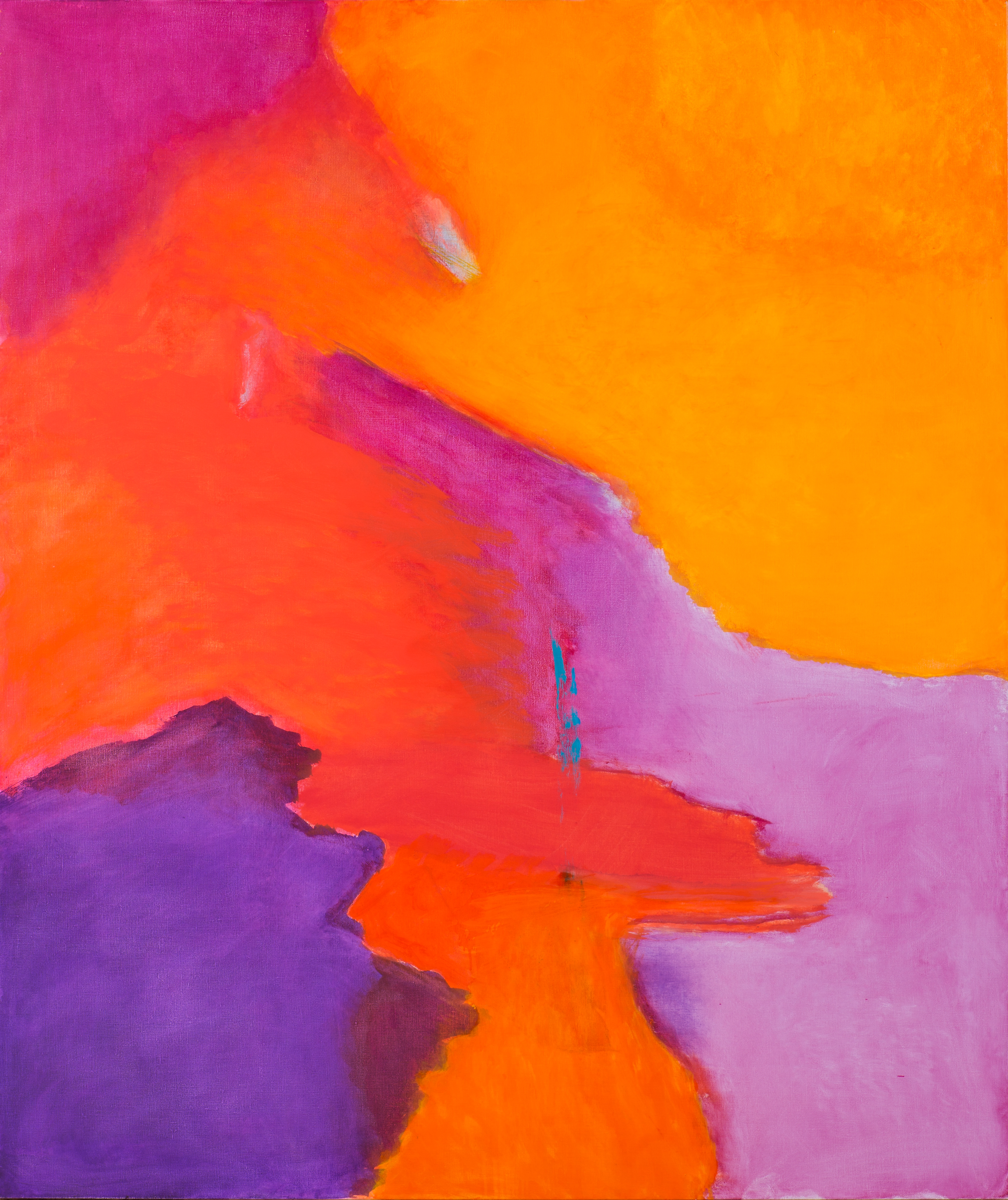 Abstract oil painting comprised of red, yellow, and varying hues of purple, ranging from lavender to blue-violet. Some areas between colors are blurred, while others have defined edges.