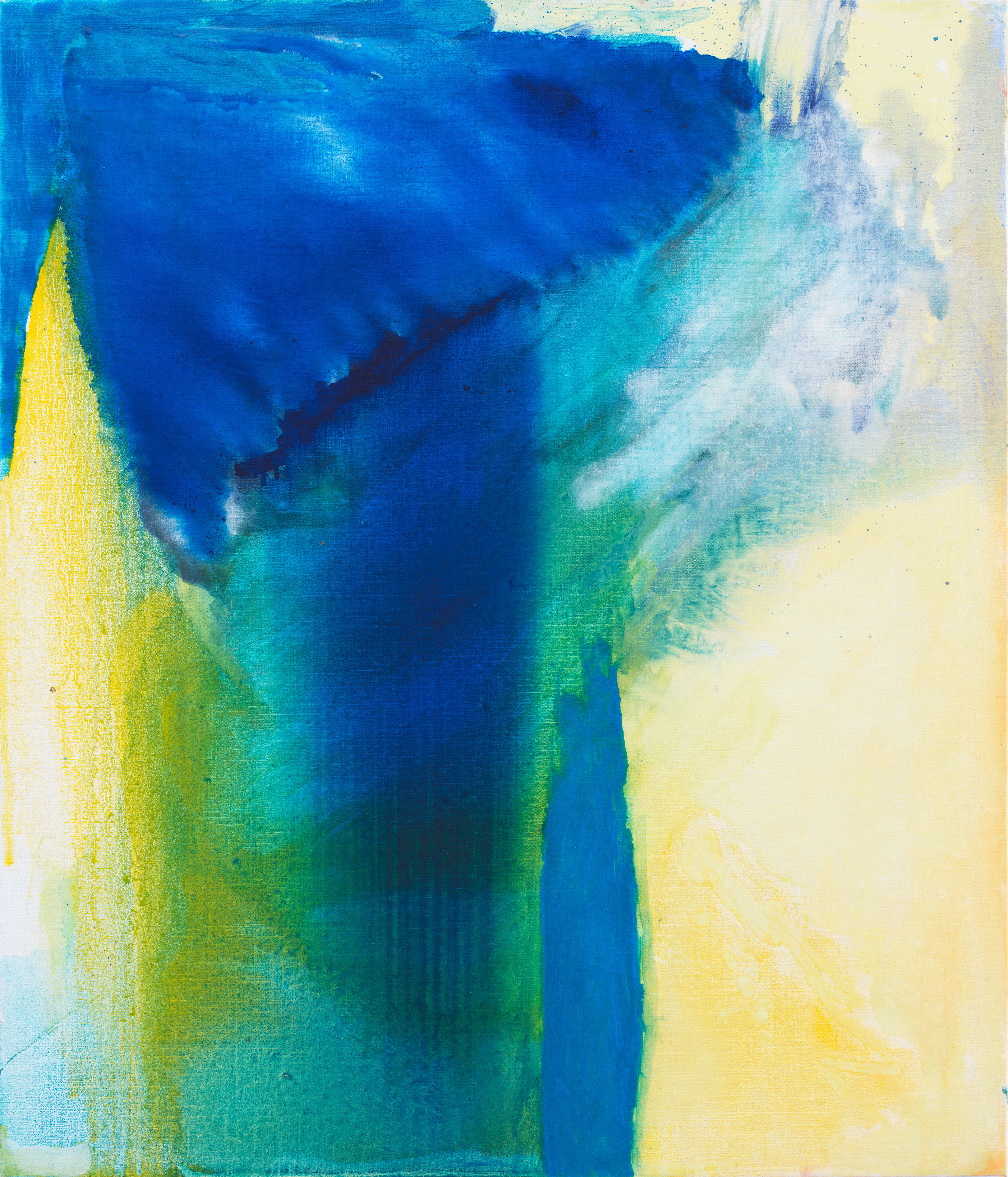 Abstract oil painting with a light yellow background and a large, deep blue patch at the upper left corner. The blue patch is brushed downward towards the bottom, blending with the yellow and creating a blue-green wash of color in the center