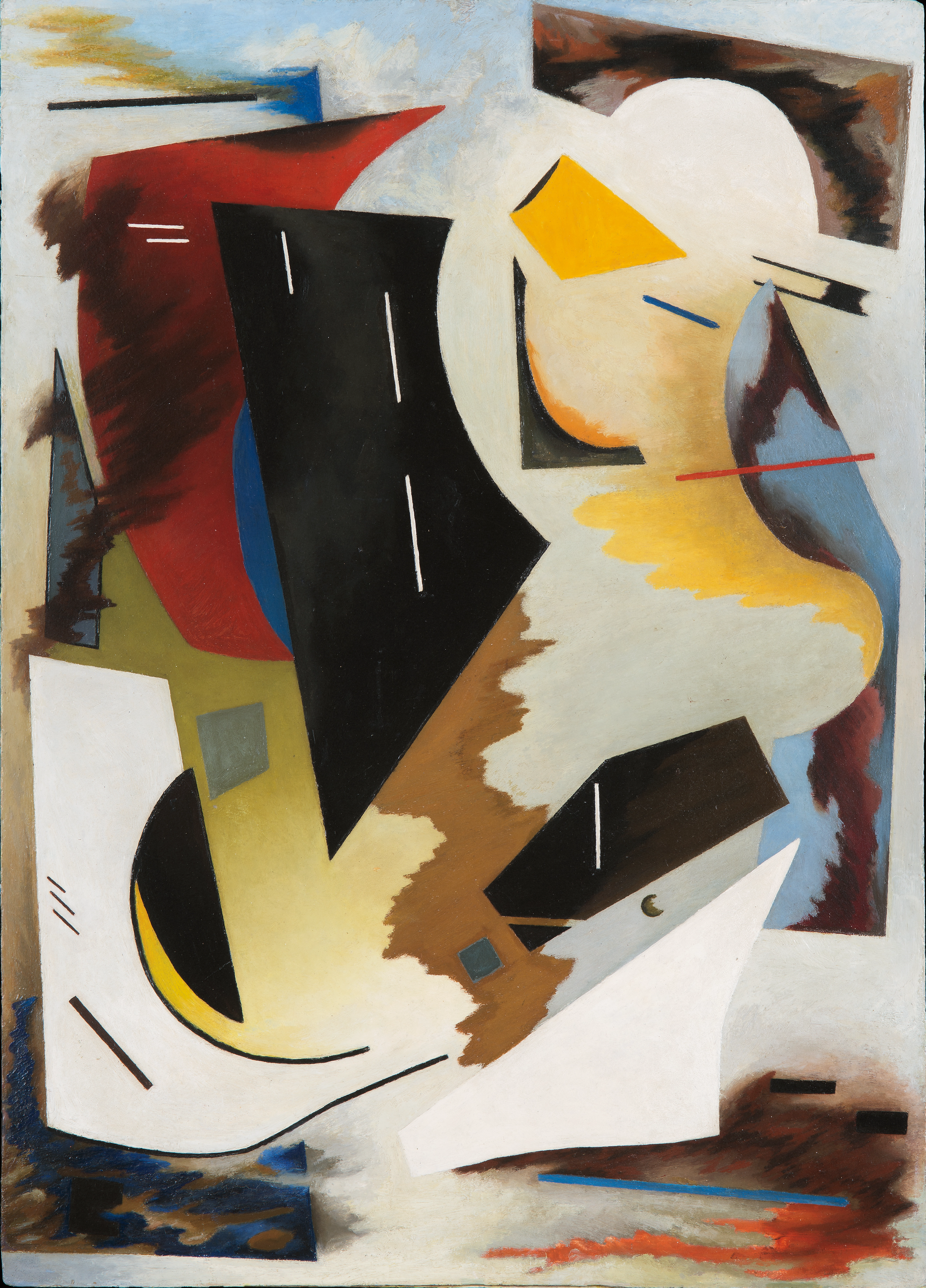 Abstract oil on canvas painting comprised of geometric forms, set among biomorphic shapes with undefined borders. The colors contained in this piece include black, white, yellow, red, blue, and varying browns.