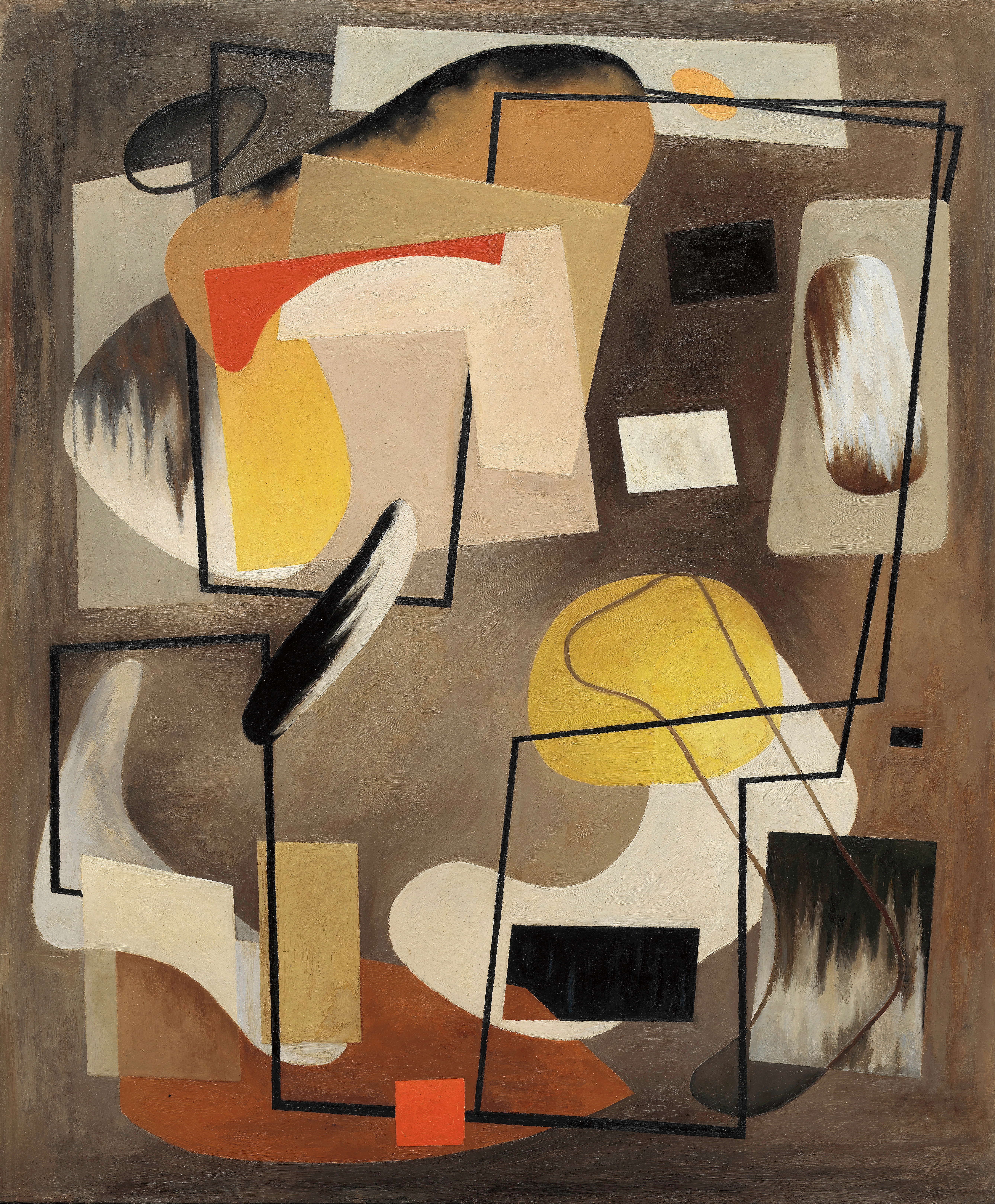 Abstract oil on canvas painting, comprised of biomorphic form and a black, geometric line drawn between the foreground and background. The dominant colors are browns, yellows, oranges, grey, black, and white.