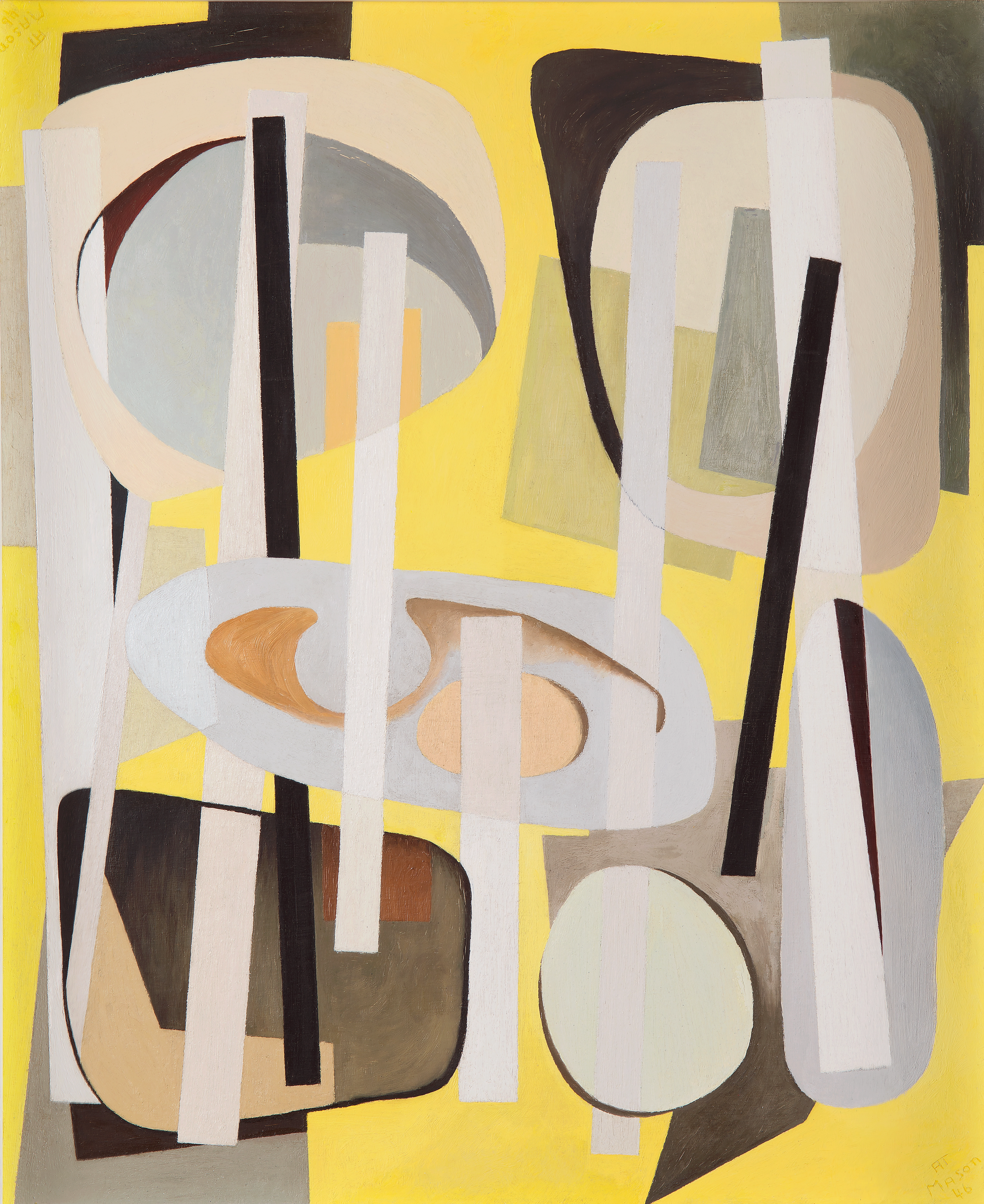 Abstract oil on canvas painting of intersecting, thin, vertical rectangles and round, organic forms. The background is a bright yellow, and the intersecting forms and predominantly shades of grey, white, black, brown, and various shades of beige.