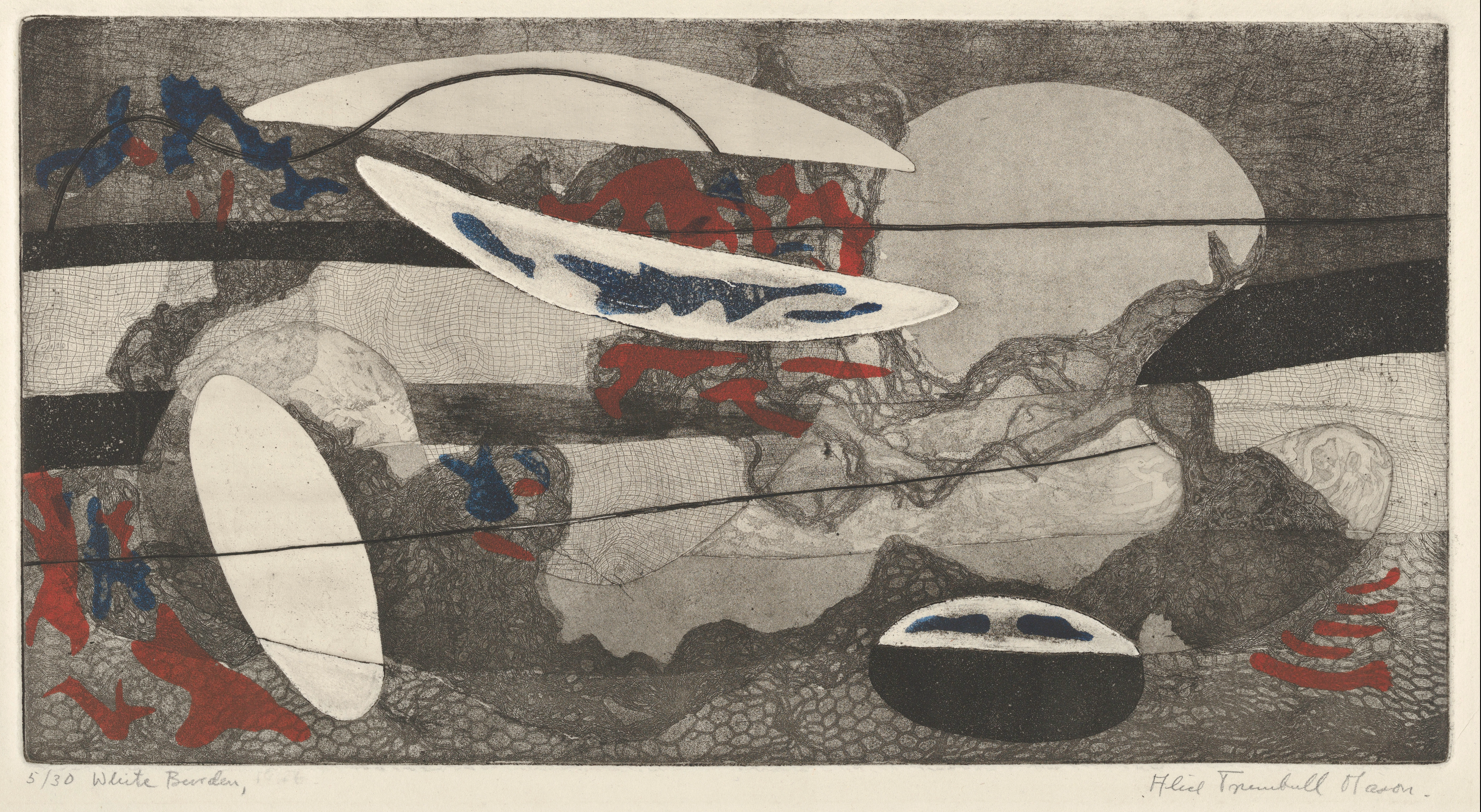 Abstract etching on paper comprised of organic , oblong, white forms. The background is mostly shades of grey, punctuated with a few red and blue markings. Some line work that has been created is net-like.
