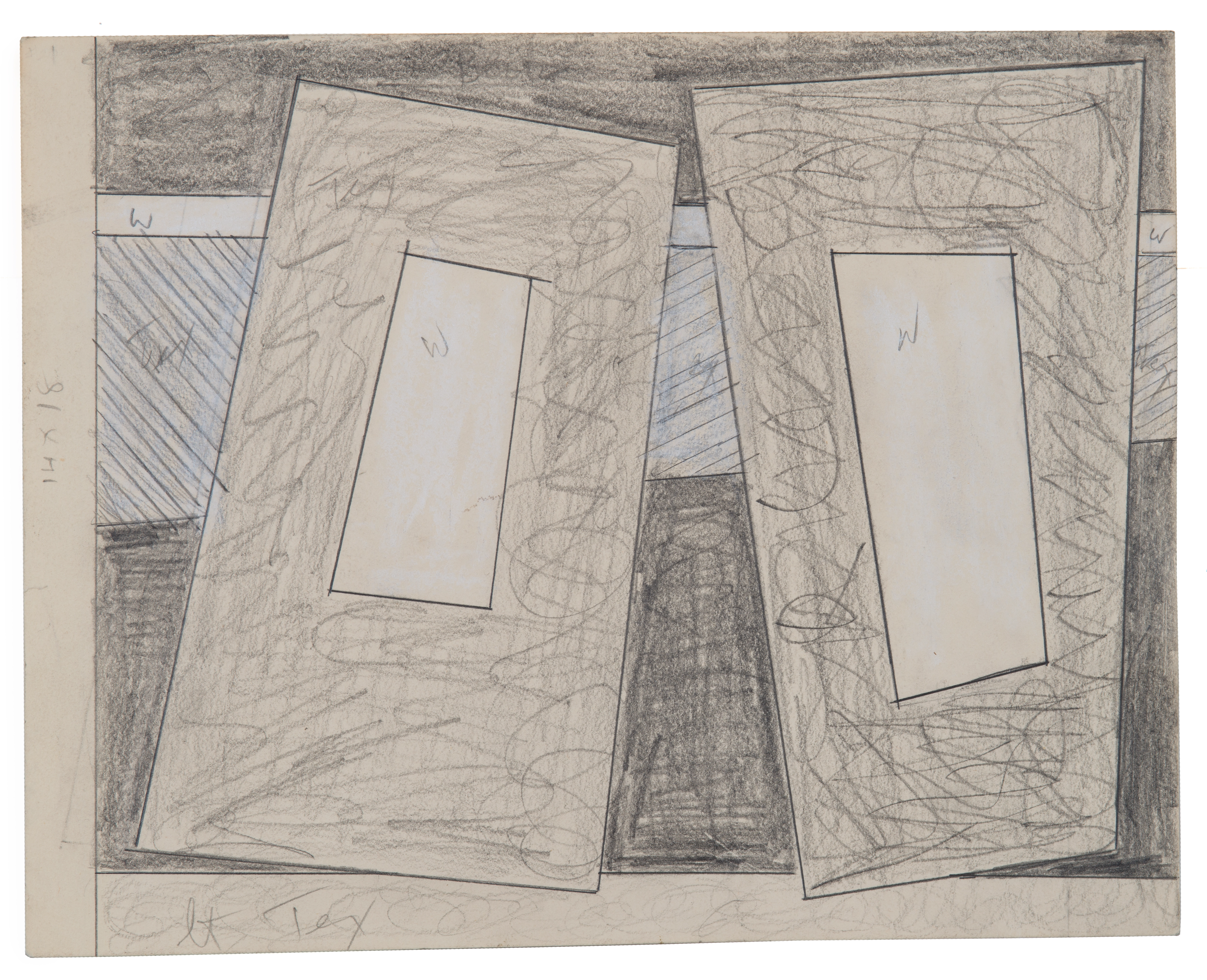 Abstract pencil drawing of two slanted rectangular forms, with smaller white rectangular forms in their centers. Scribble lines are used to mark areas the artist wants shaded a grey tone.