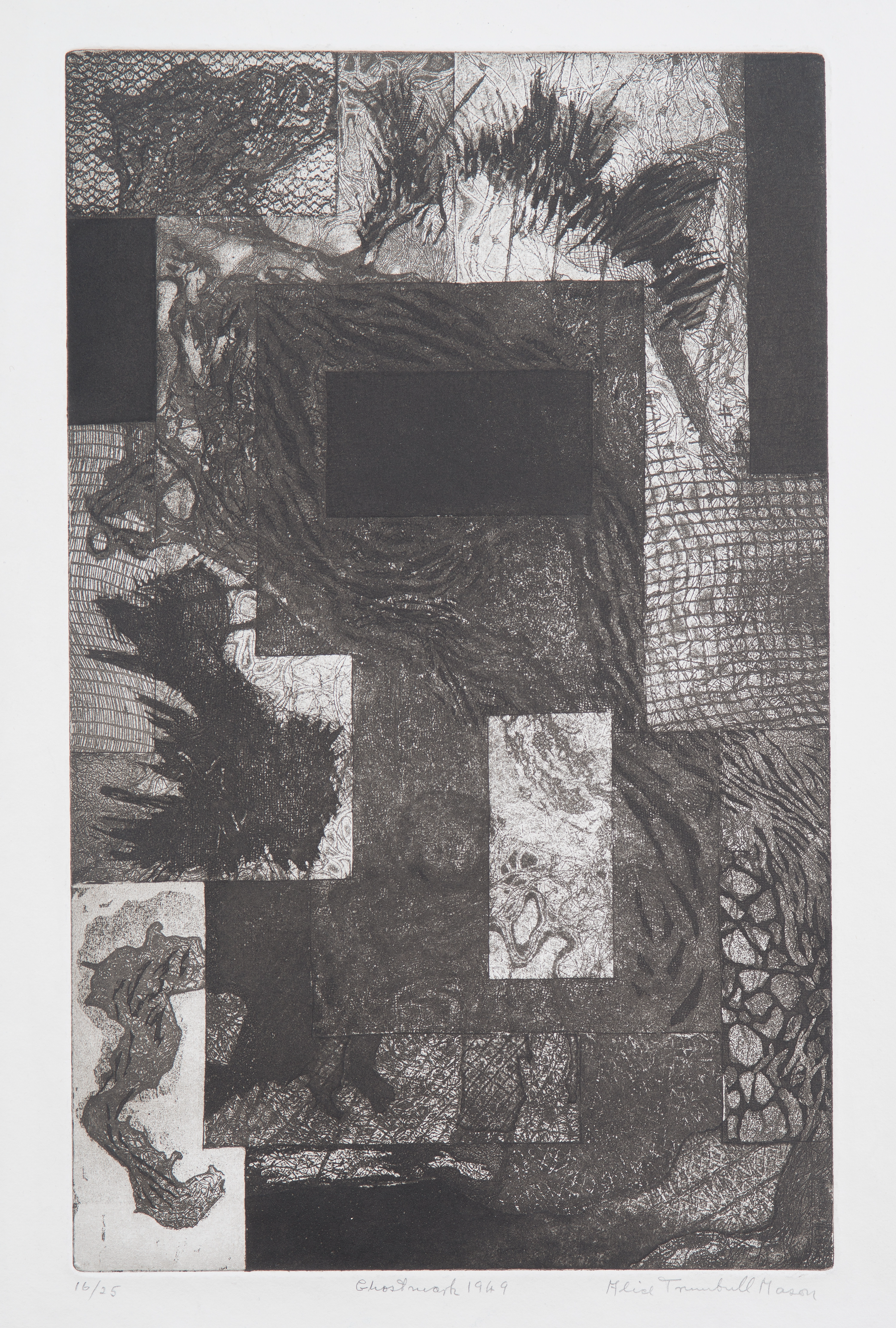 Abstract print on paper, comprised of grey-toned geometric forms and abstract line work. Some forms contain organic and net-like textural lines.
