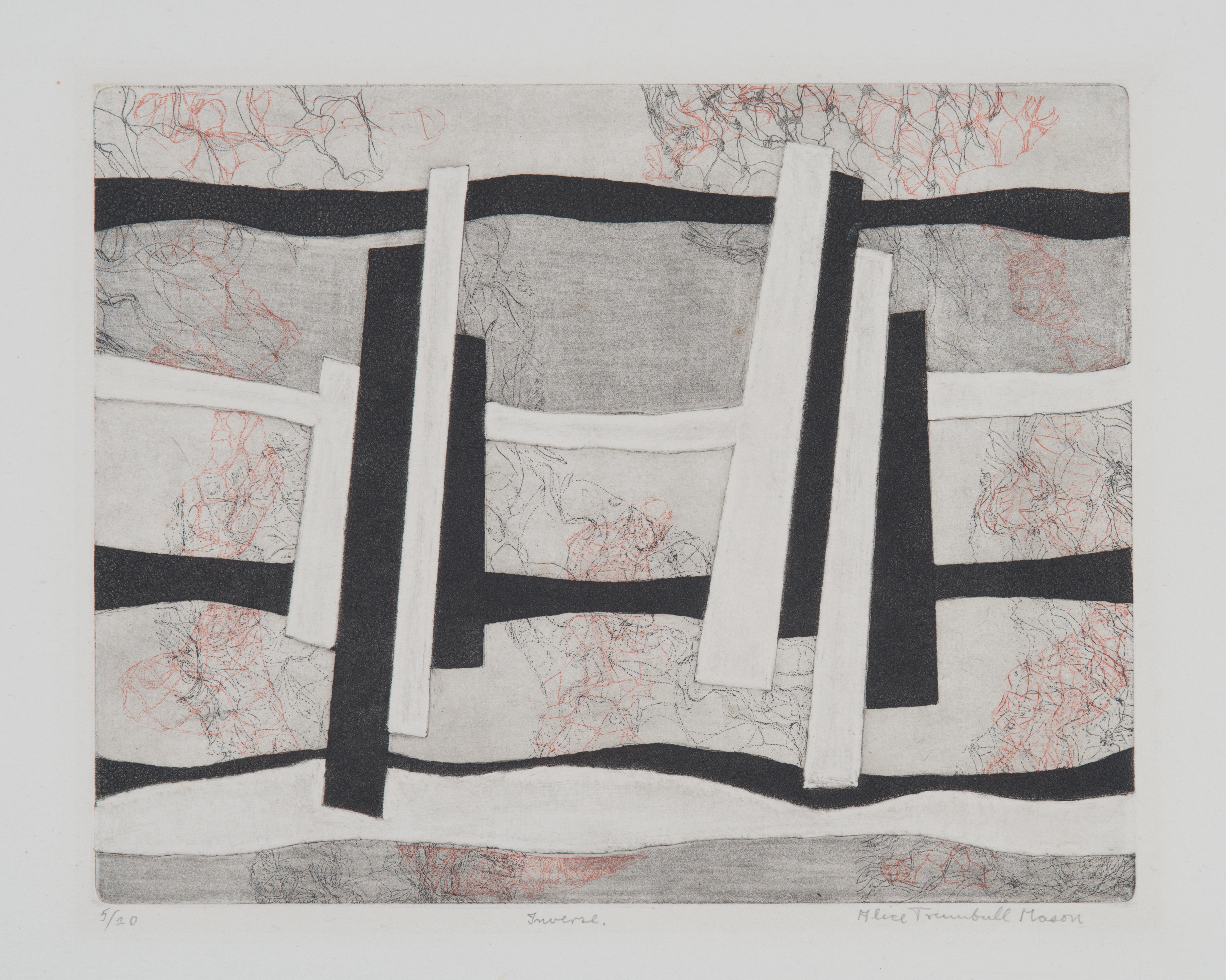 Abstract print on paper, composed of two sets of white and black slanted rectangles in the center, surrounded by wavy, horizontal black and white lines. The back ground is comprised of grey tones, with intermittent net-like, black and red lines.