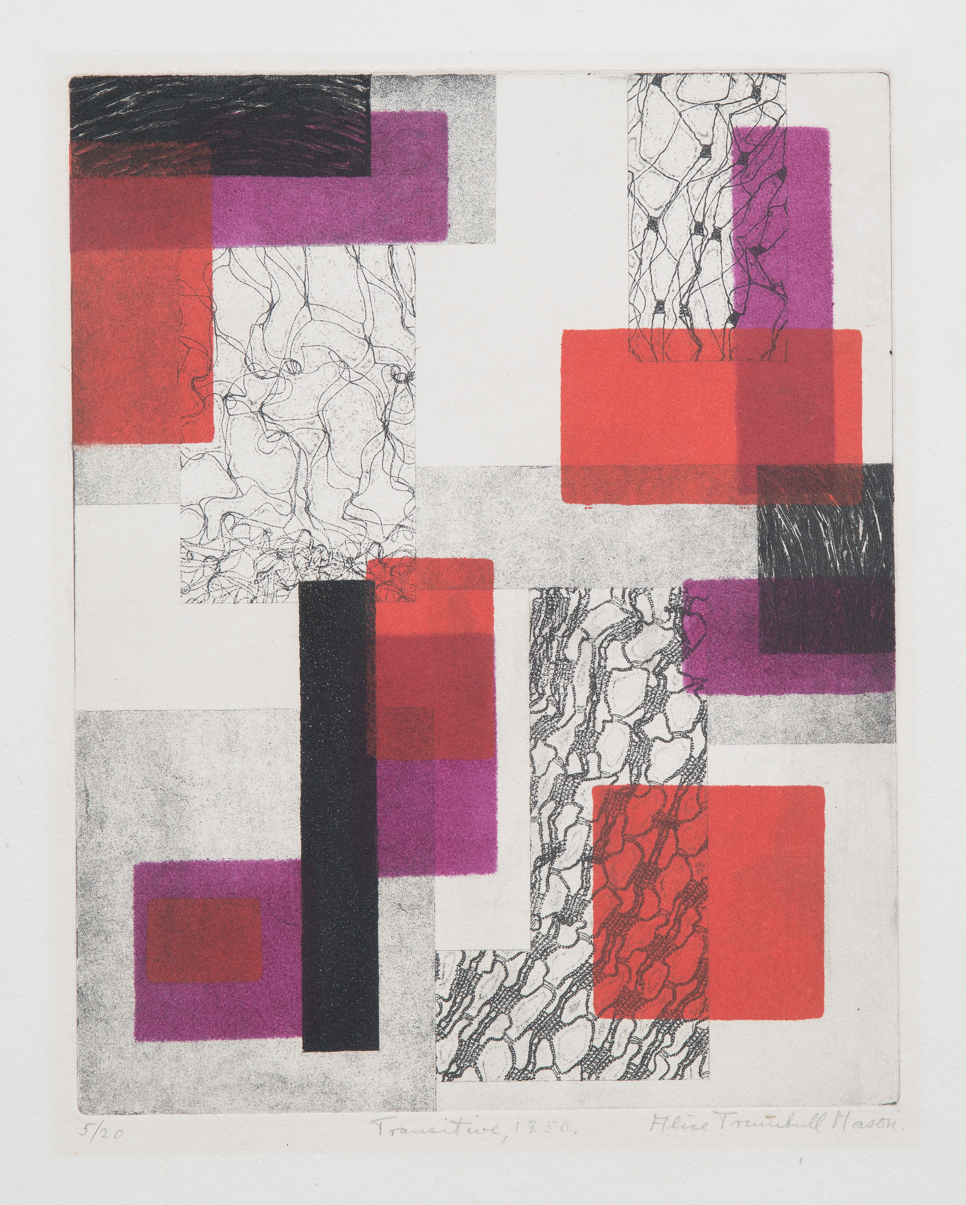 Abstract etching consisting of red, pink, purple, and black rectangles, as well as rectangles filled with web-like lines, on white paper.