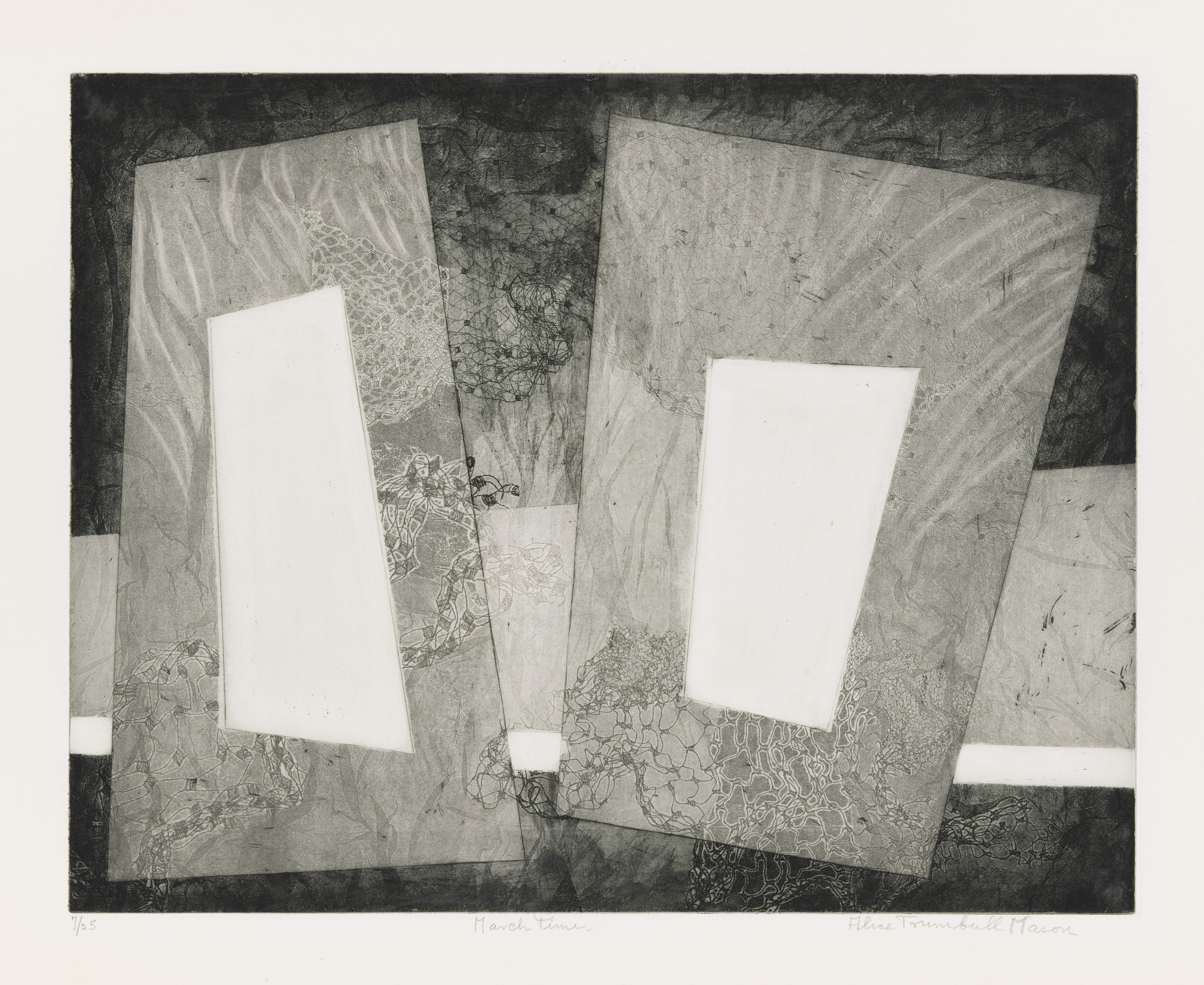 Abstract grey-toned etching of two slanted rectangular forms, with smaller white rectangular forms in their centers. Net-like texture is punctuated throughout the composition.