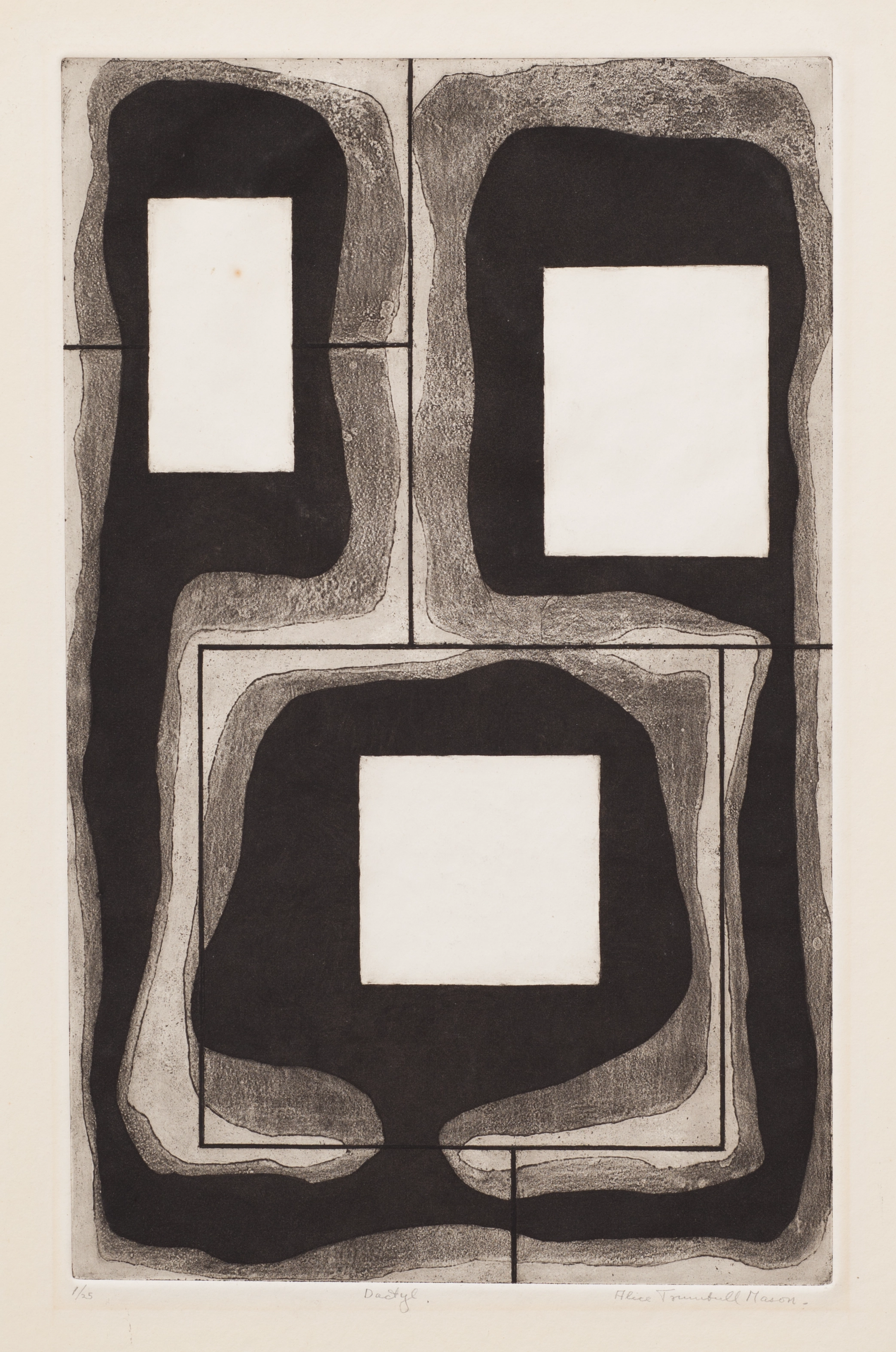 Abstract print on paper comprised of two white squares and one white rectangle in the foreground, with black and grey organic lines and forms in the background of each.