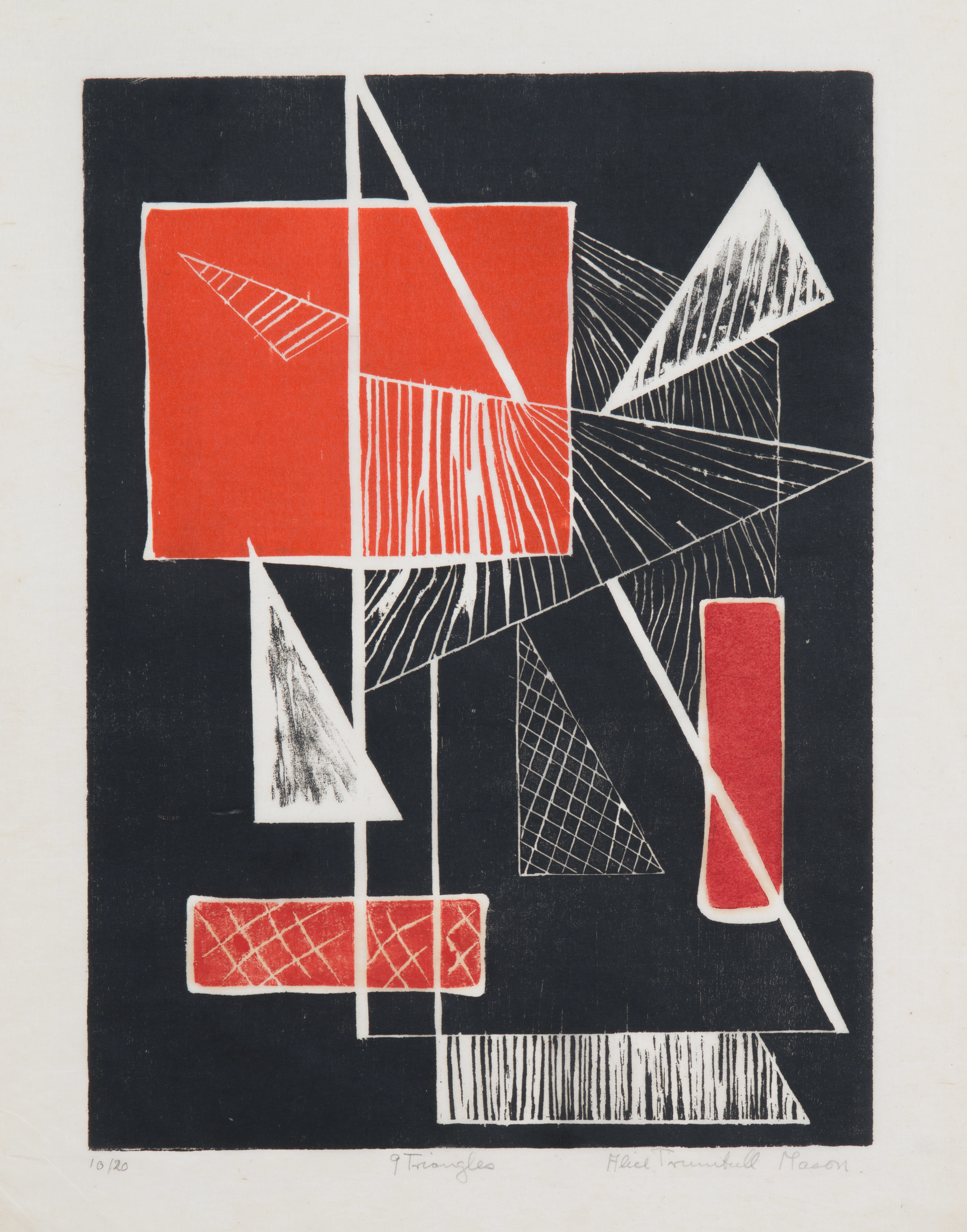 Abstract print on paper of white lines and white triangles, some more filled in than others, overlapping with one large red rectangle and two slender red rectangles.