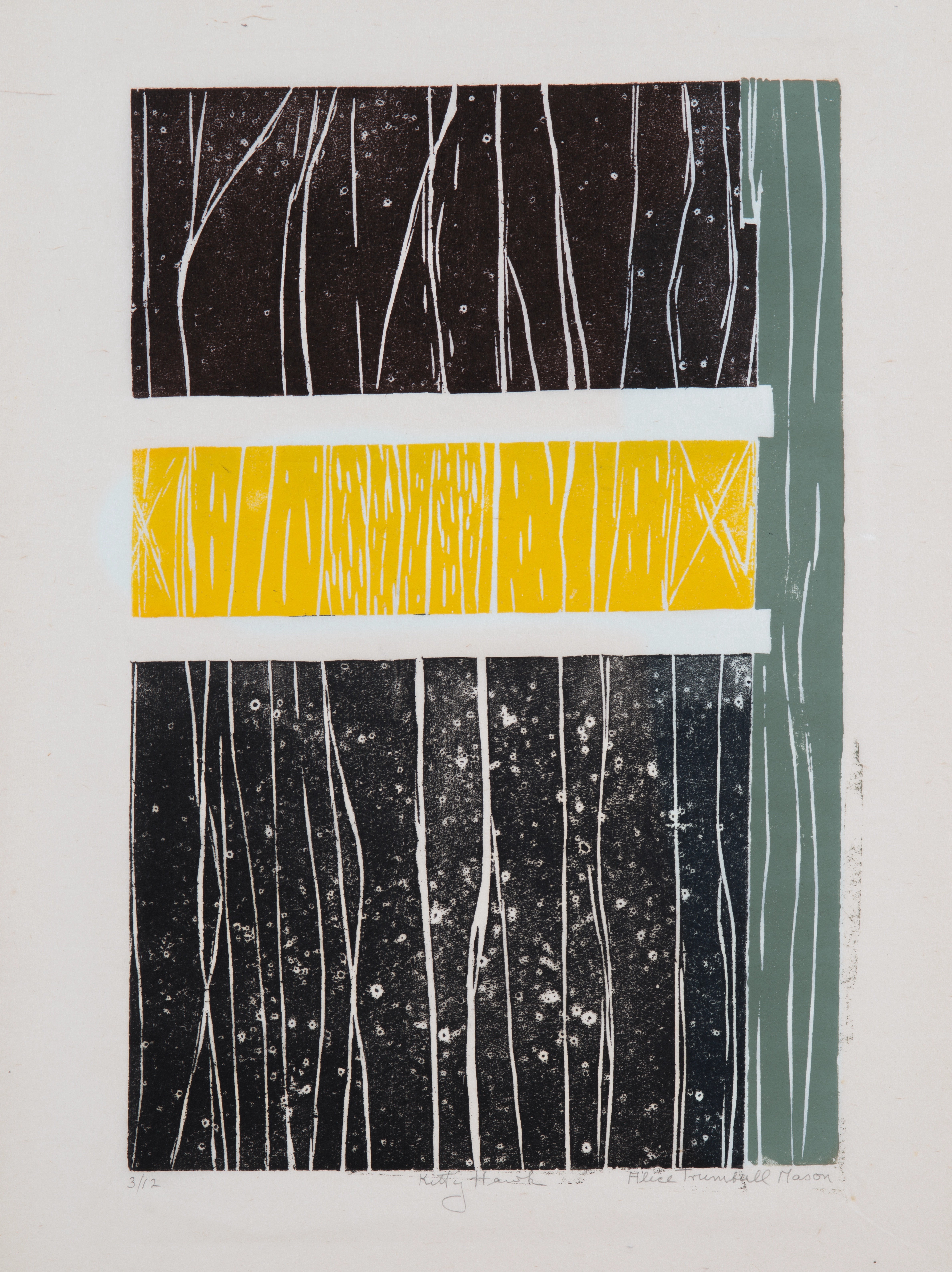 Abstract print on paper, comprised of black, white, and yellow horizontal rectangles on the left and one vertical, thin, grey rectangle on the right. The overall composition has organic lines from woodgrain over all of the forms.