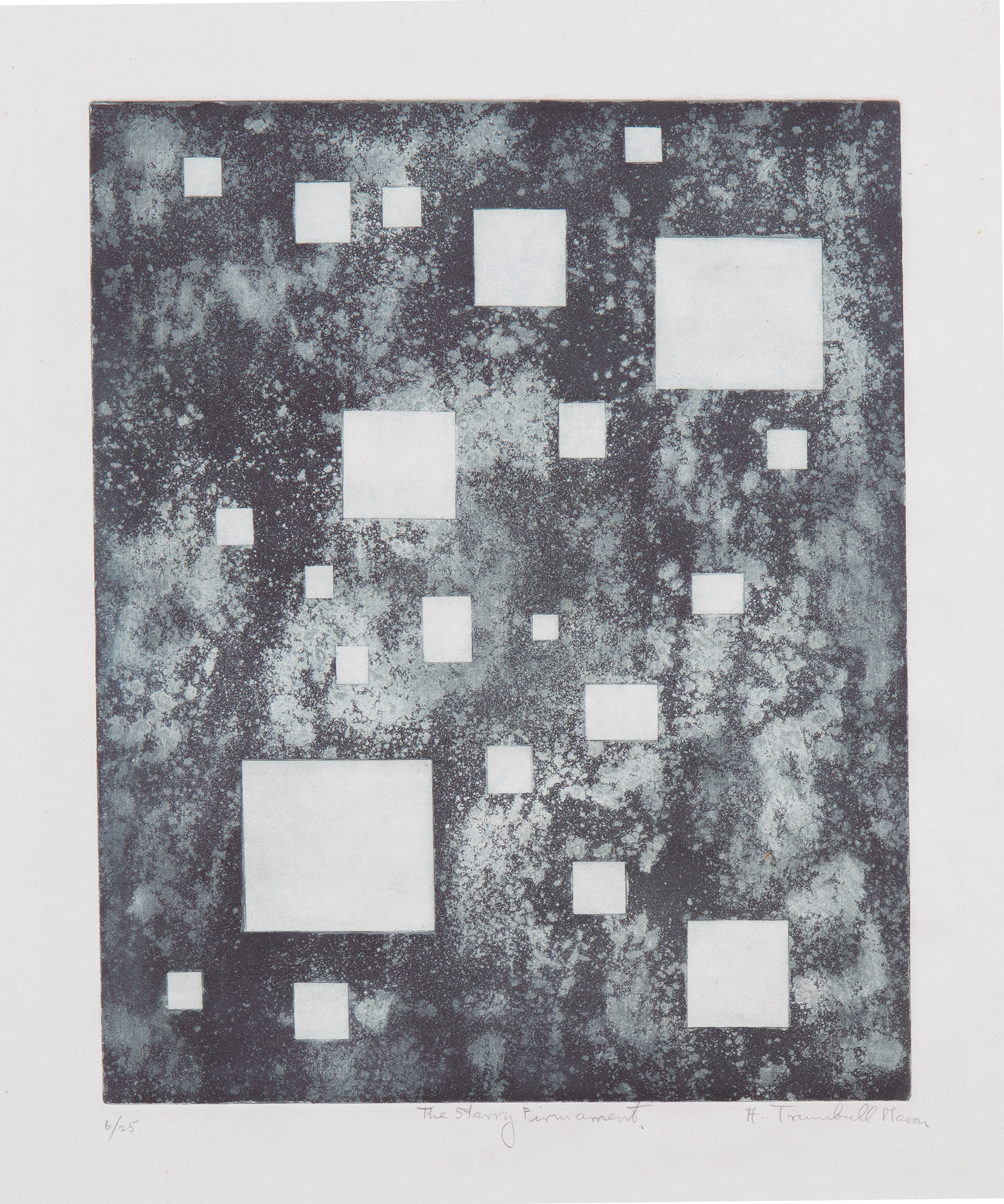 A black and white etching on paper comprised of constellation-like textures and intermittent, solid white squares of varying sizes.