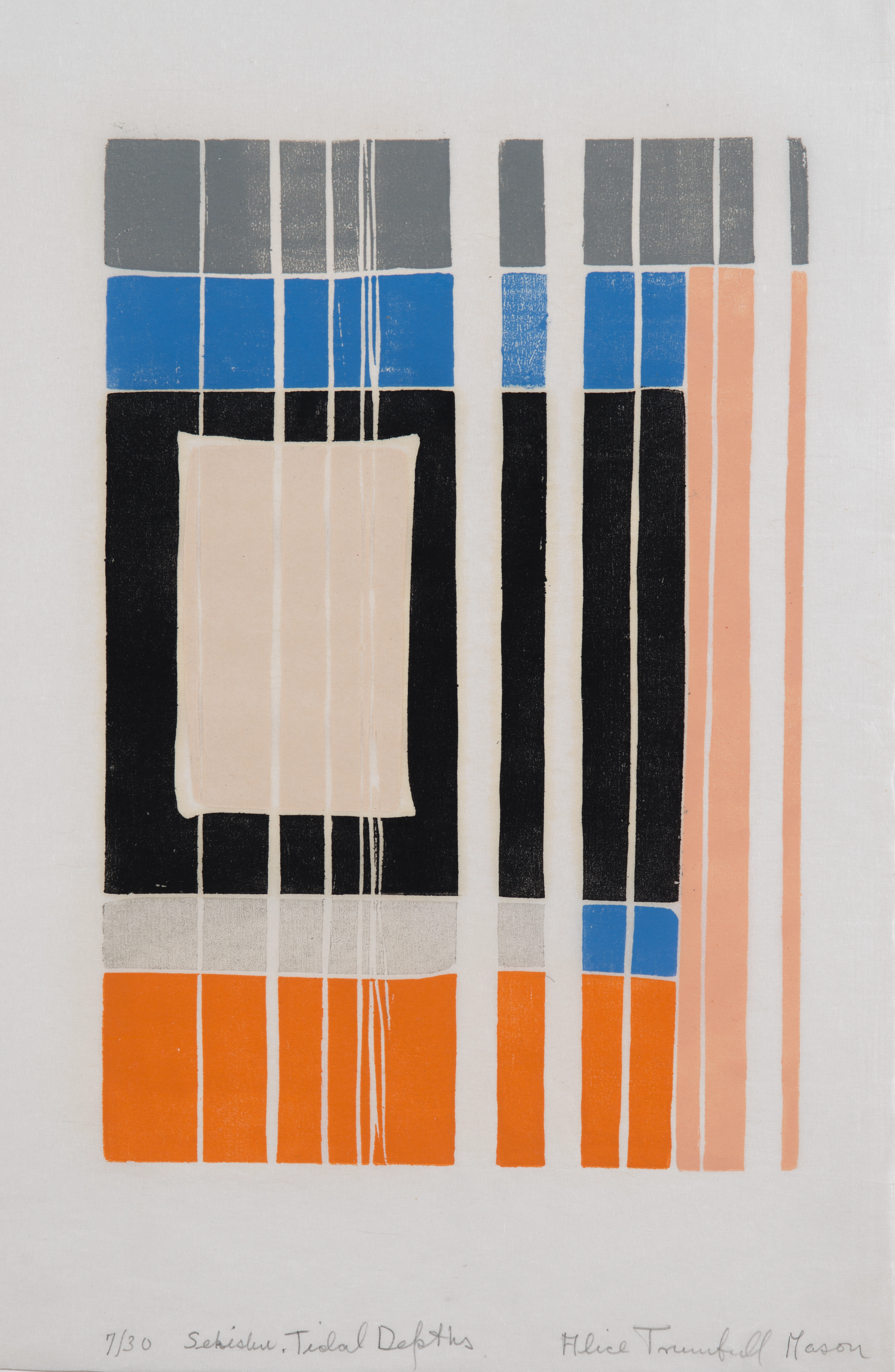 Abstract print on paper of grey, blue, black, and orange horizontal stripes, intersected by white vertical stripes. There is a light peach-colored rectangle punctuating the black stripe on the left, and a vertical light-peach toned stripe to the right. A white border surrounds the composition.