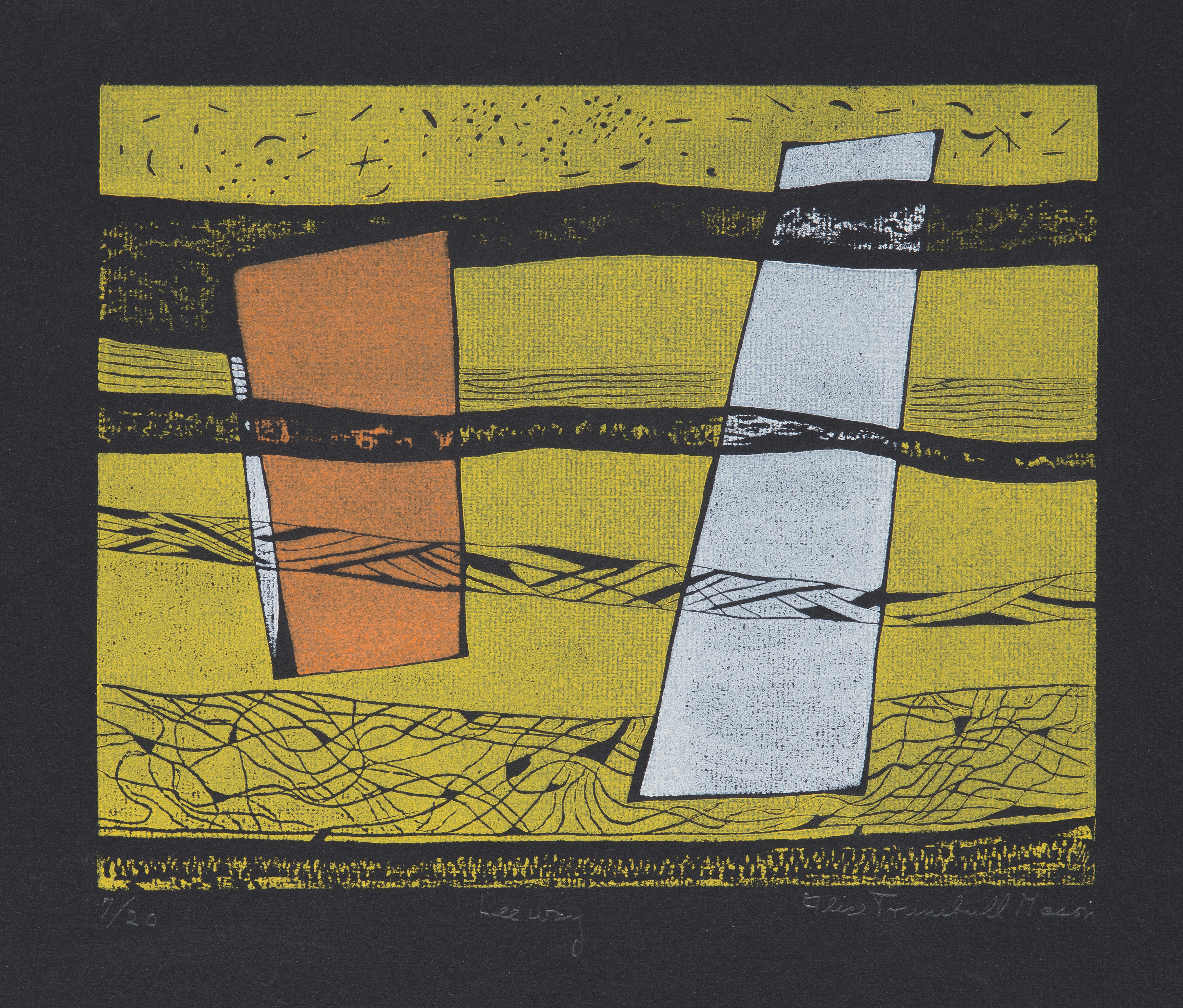 An abstract print on black paper of vertical, slanted rectangles; one white and one orange. These shapes are layered between black curved lines, with a horizontal yellow rectangle in the background.