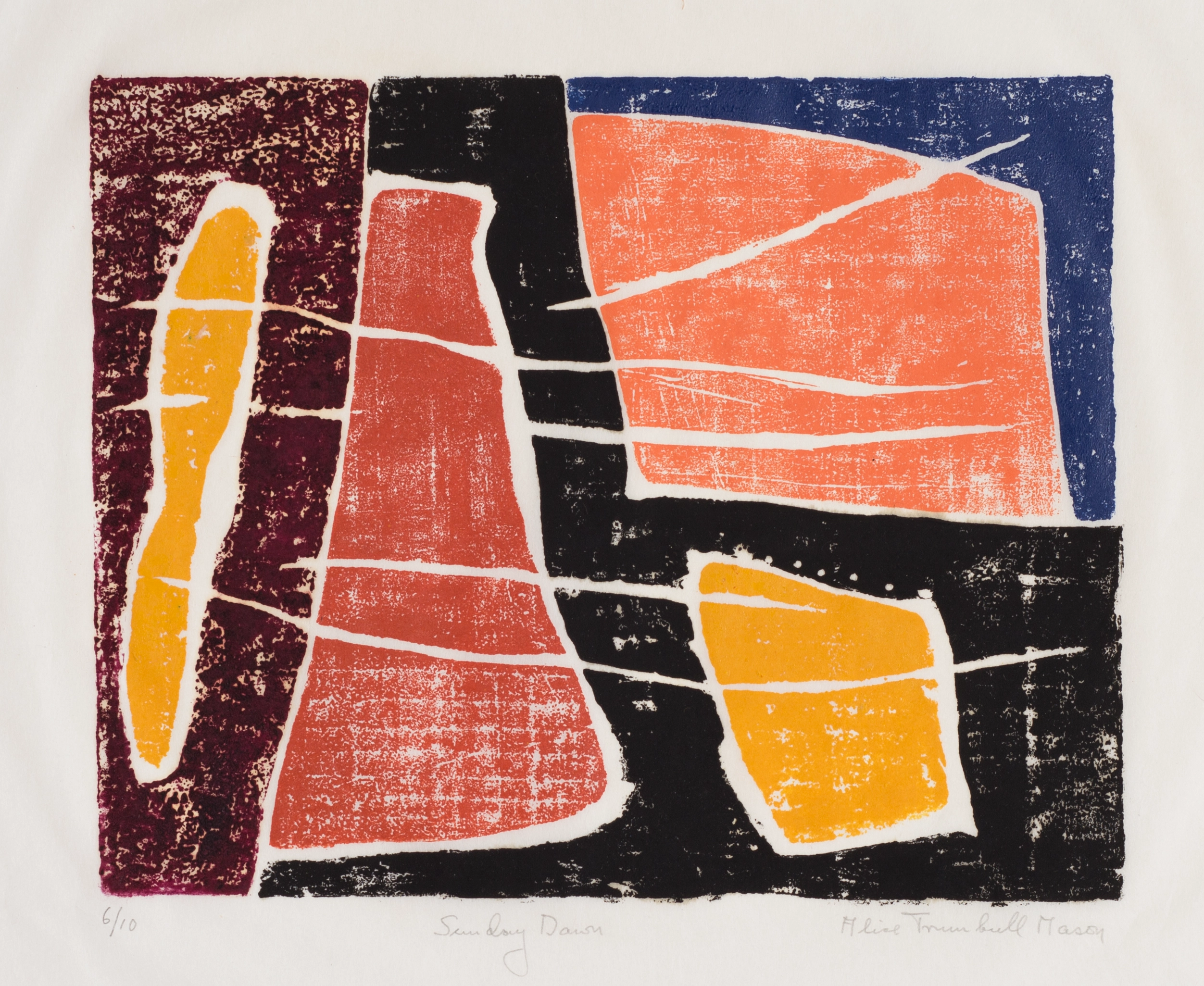 Abstract print on paper comprised of yellow, red, orange, blue, black, and burgundy organic forms. White lines move horizontally throughout the composition.
