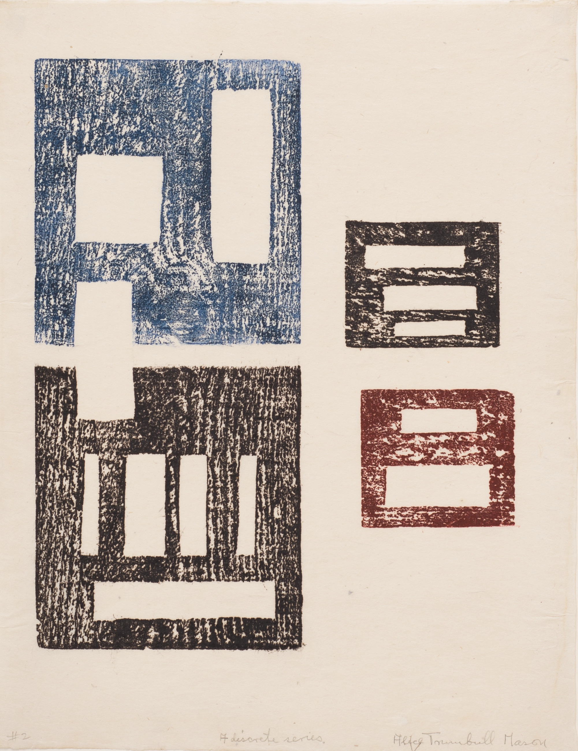 Abstract print on paper of four squares, two larger, blue and brown on the left, and two smaller, brown and red on the right. Each square has smaller, white rectangles inside of it.