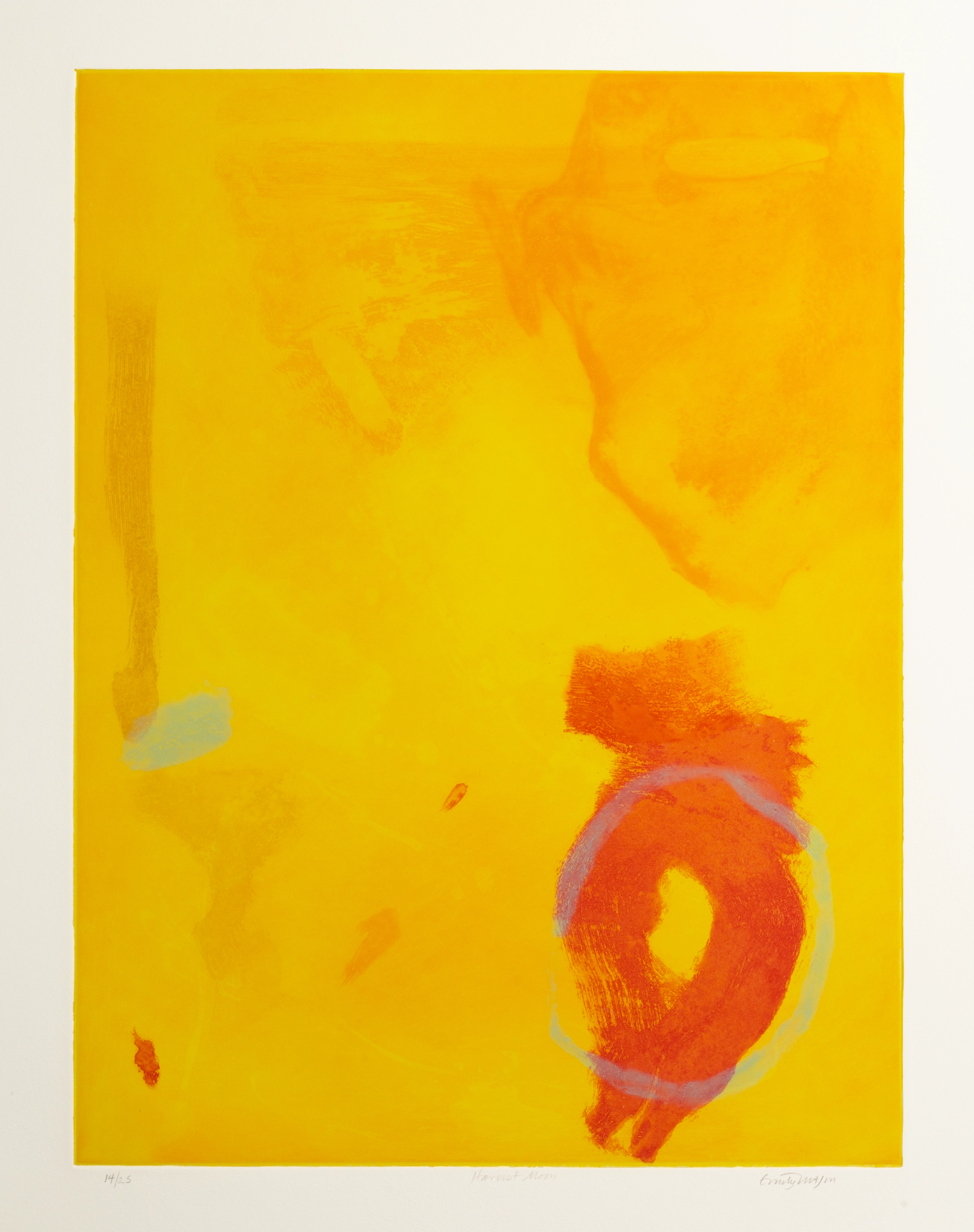 A yellow print on paper, with a circular red-orange form in the bottom right.