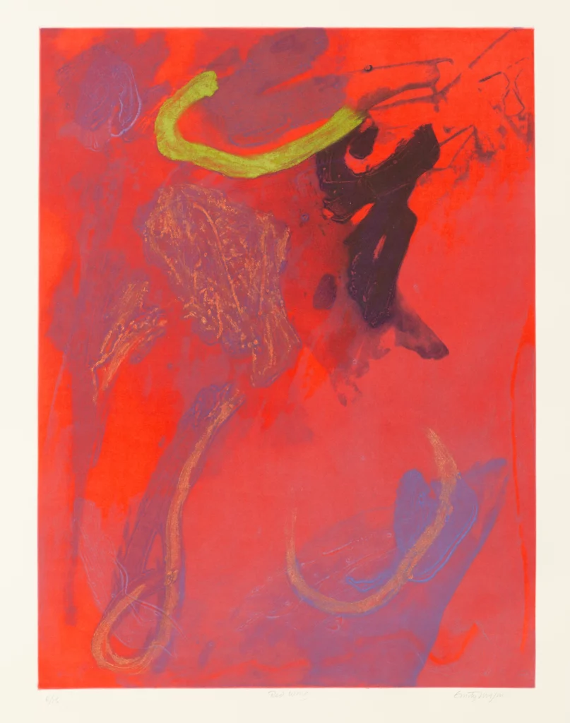 A print on paper with a red background and gestures of purple throughout. Yellow and brown lines are located at the top right of the composition.