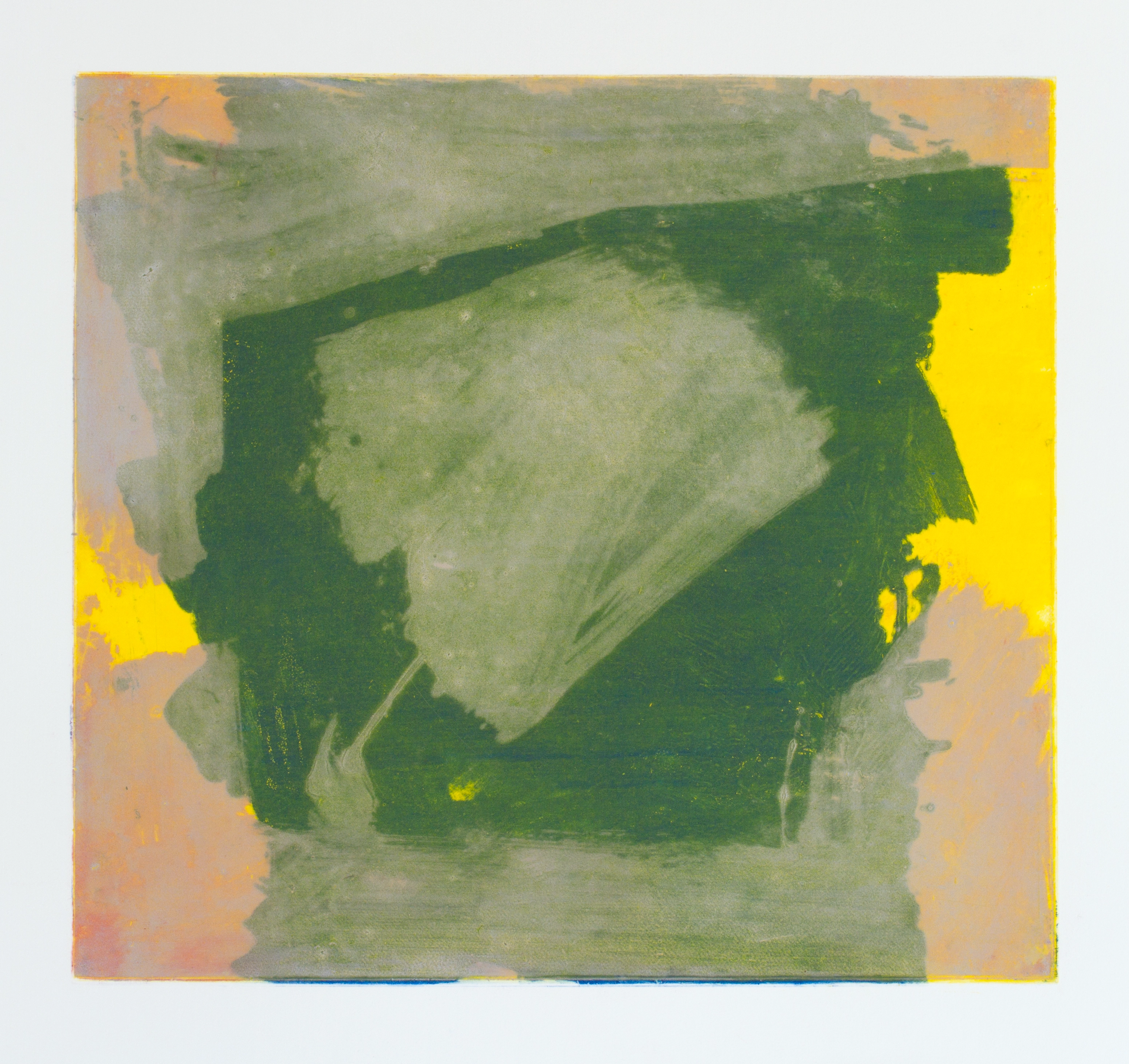 Monoprint on paper with a centered light green form; a dark green open square is layered on top, and the background is yellow and beige.