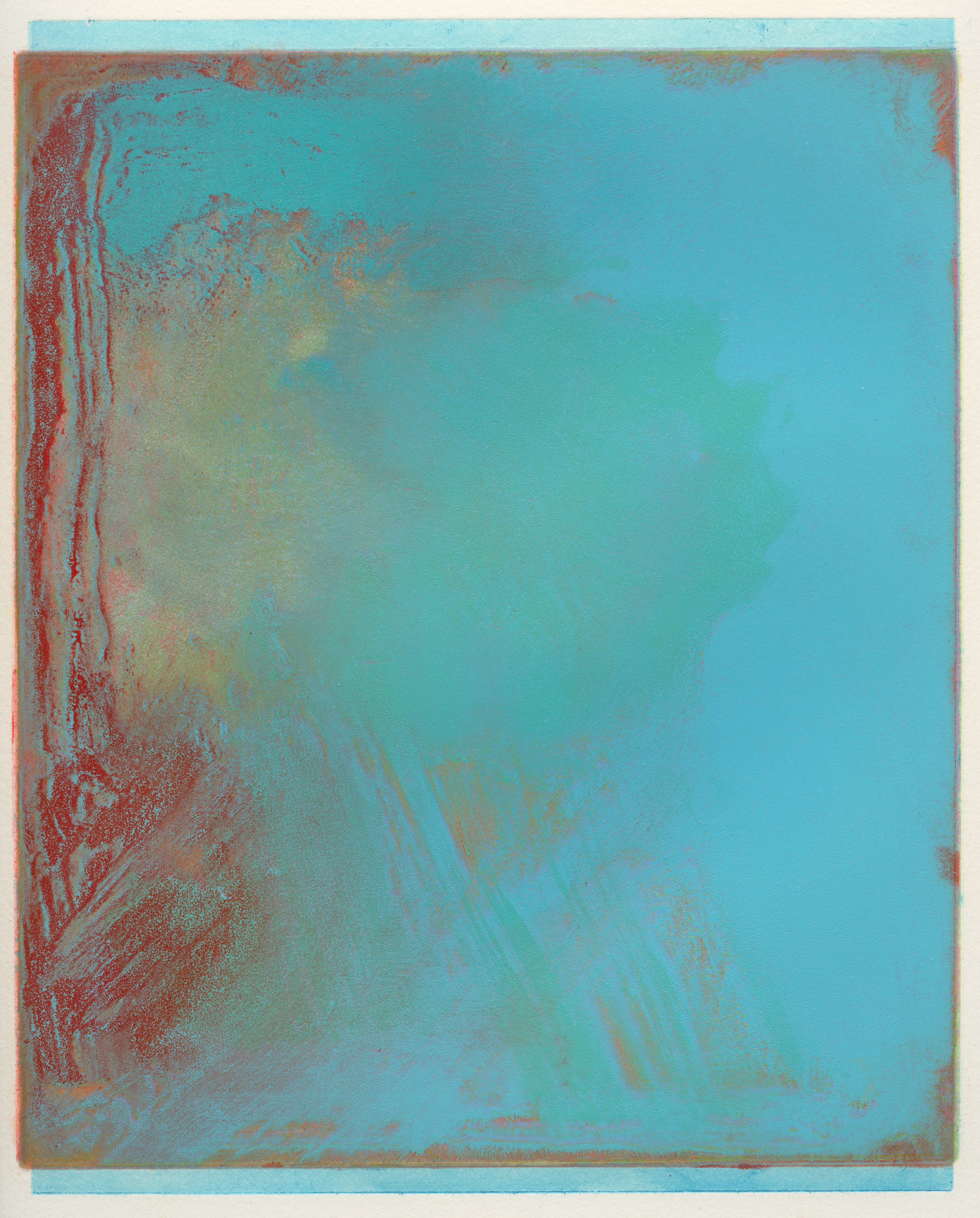 Monoprint on paper with a blurry turquoise color layered over a red and cream-colored background.