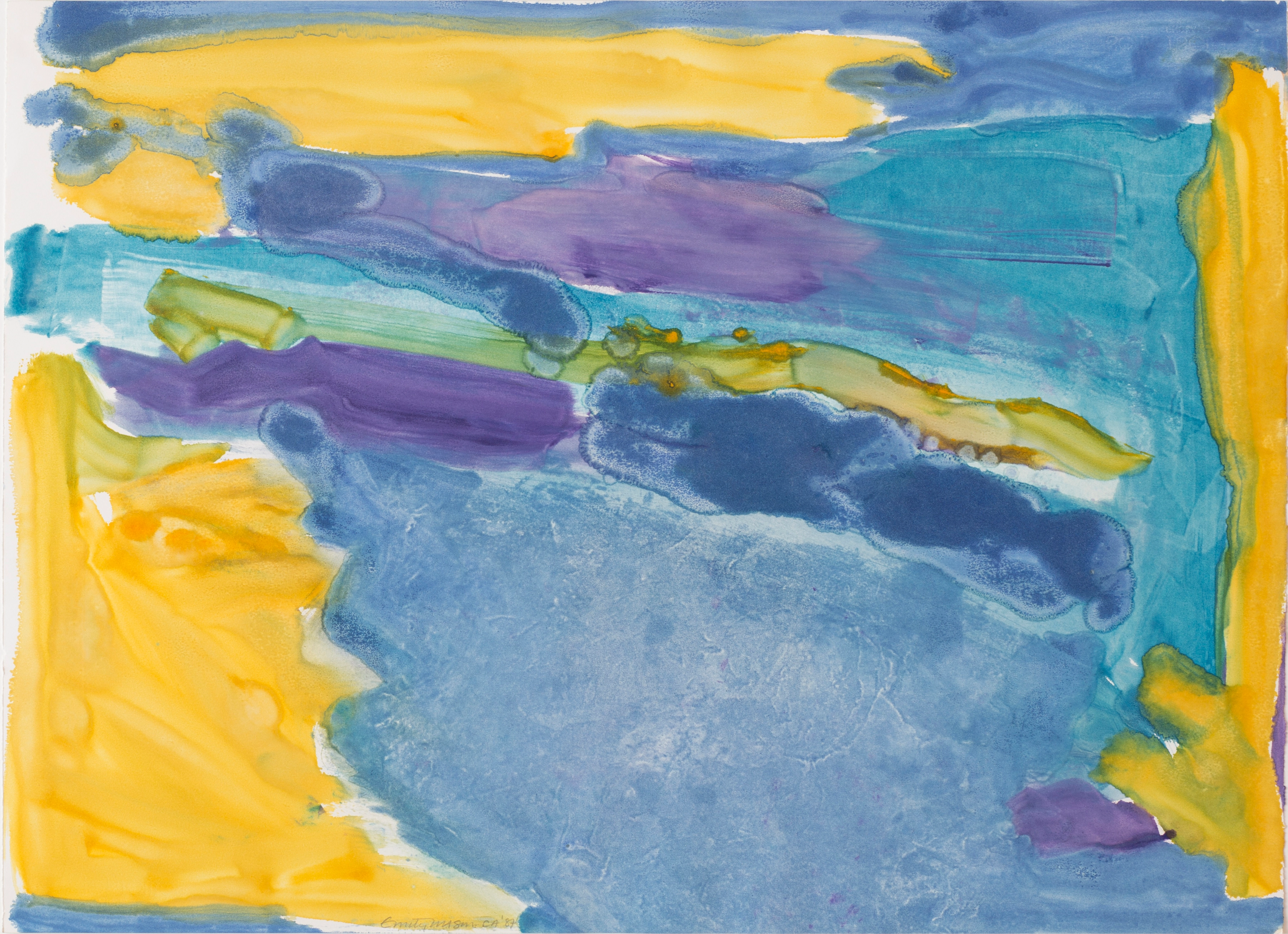 Abstract monotype print on paper with a blue background and bands of blue, yellow, purple, and green reaching from left to right on the canvas. Yellow forms border the composition at the top, left, and right.