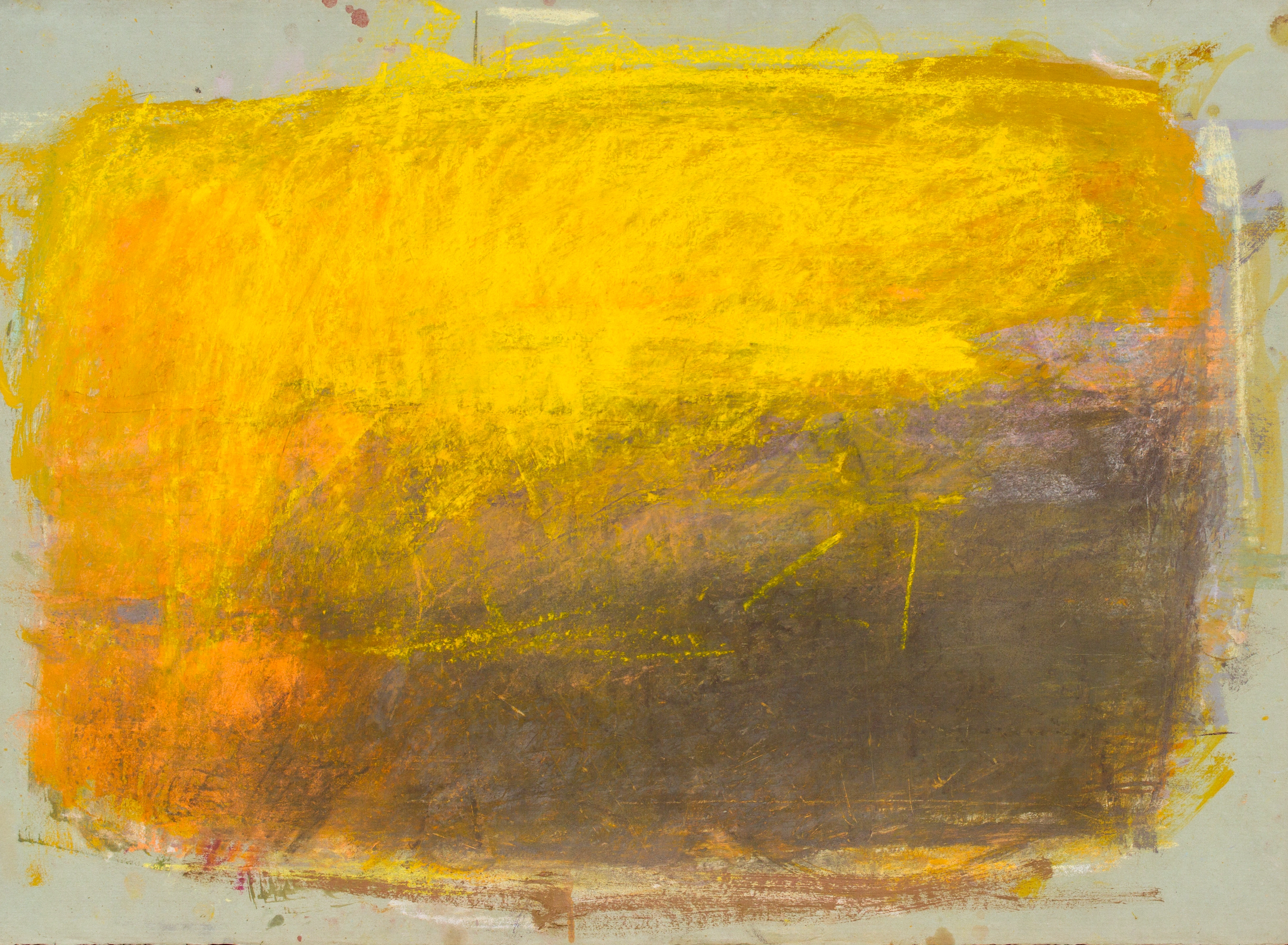 Abstract oil paint and pastel on grey paper comprised of dense stokes of yellow, purple, and orange.