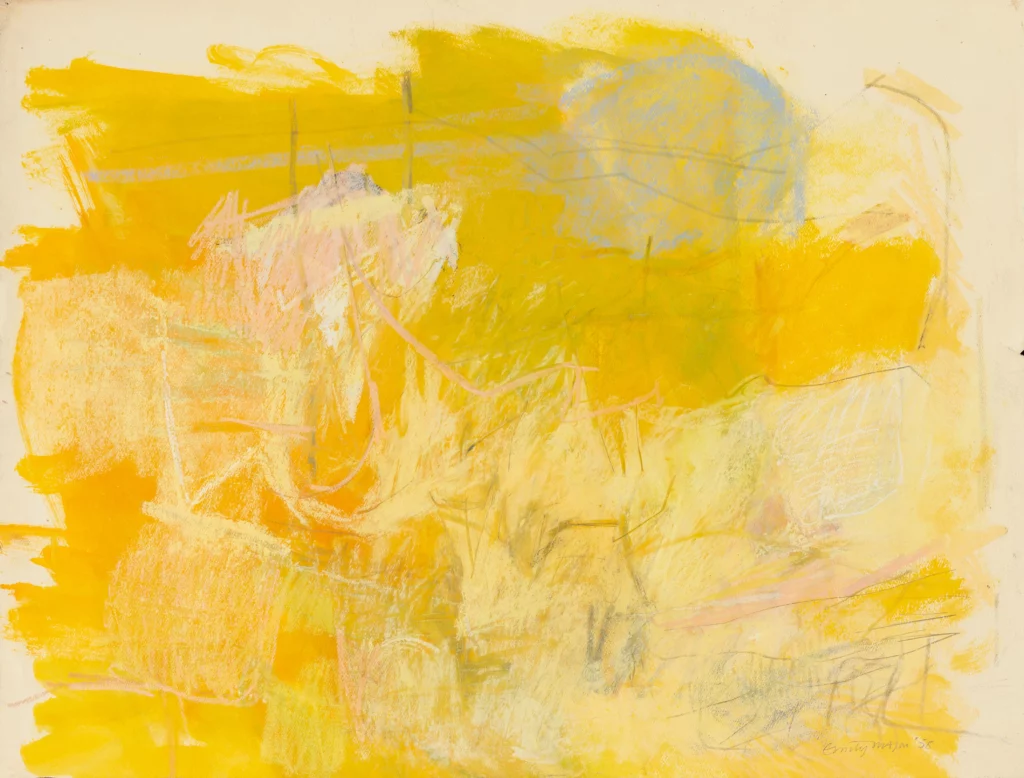 Abstract oil paint on cream-colored paper, comprised of energetic yellow, yellow-orange, white, and pink brushstrokes.