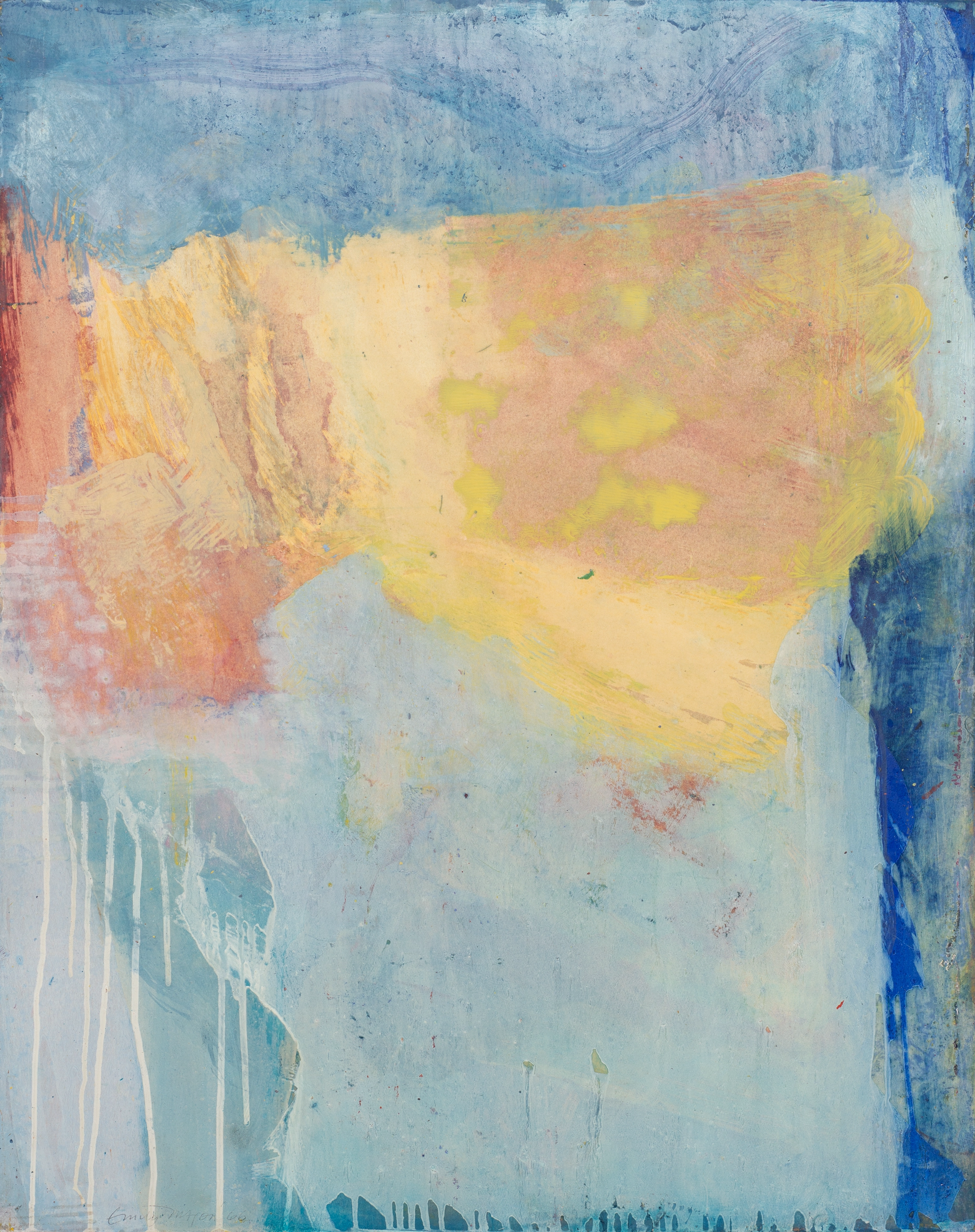 Abstract oil on paper work with light blues swatches of color, and vertical drips on the left. In the center of the work there is a large cream, yellow, and peach-colored band that stretched left to right.
